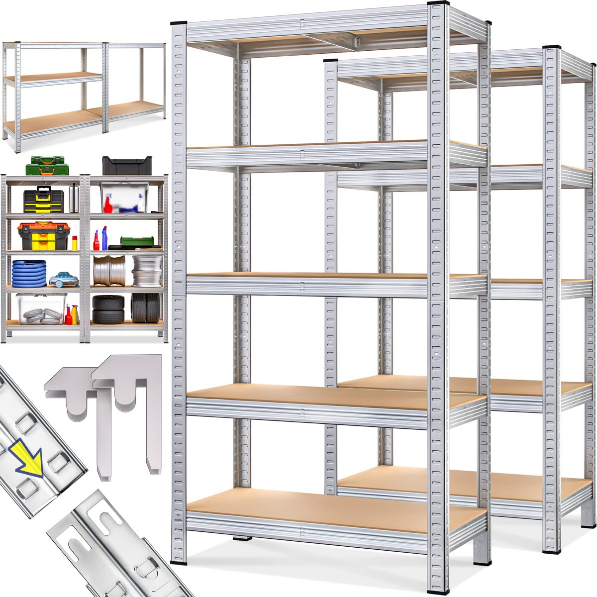 Monzana® 2X Estanterías Almacenaje 1750Kg 180x90x40cm Cargas Pesadas Taller 10 Estantes MDF Plata