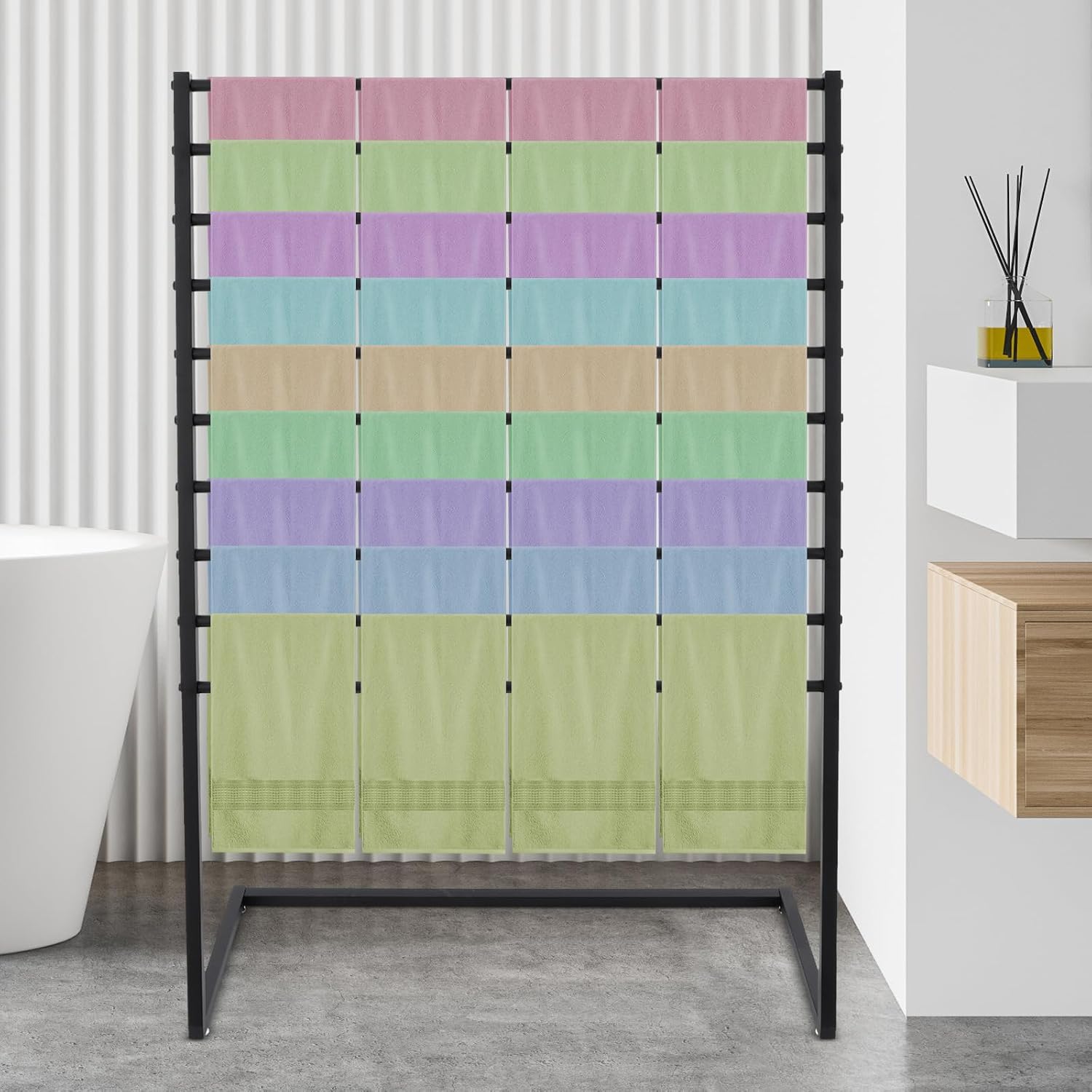 Scarf Display Stand 100cm, Freestanding Scarf Rack with Rods, Metal Fabric Holder Organizer for Home Retail Store, Black Vertical Storage Rack for Scarves Shawls Ties Hijabs