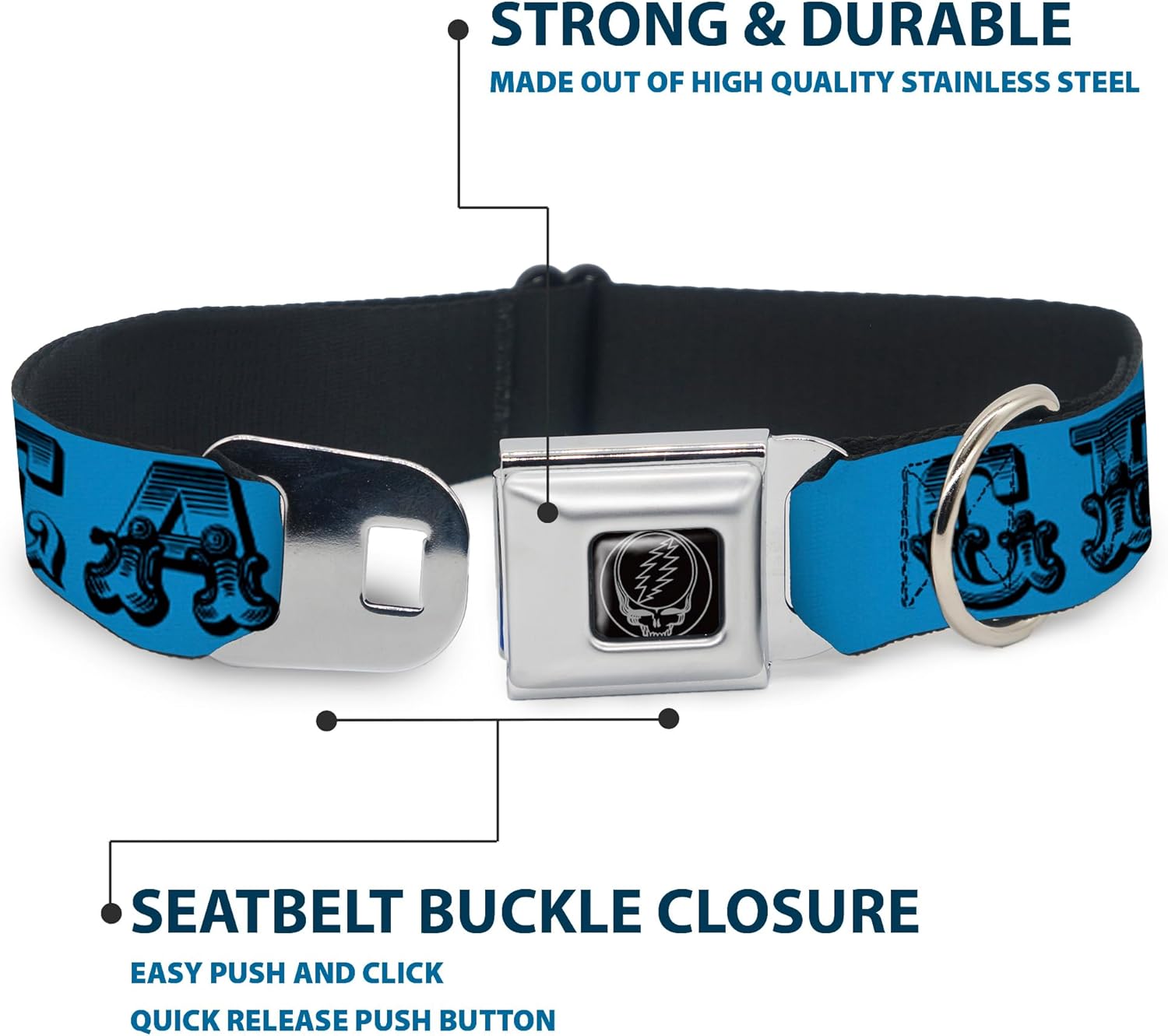 Dog Collar Seatbelt Buckle Grateful Dead Text Skull Roses Turquoise 15 to 26 Inches - Large1.0 Inch Wide, Multicolor