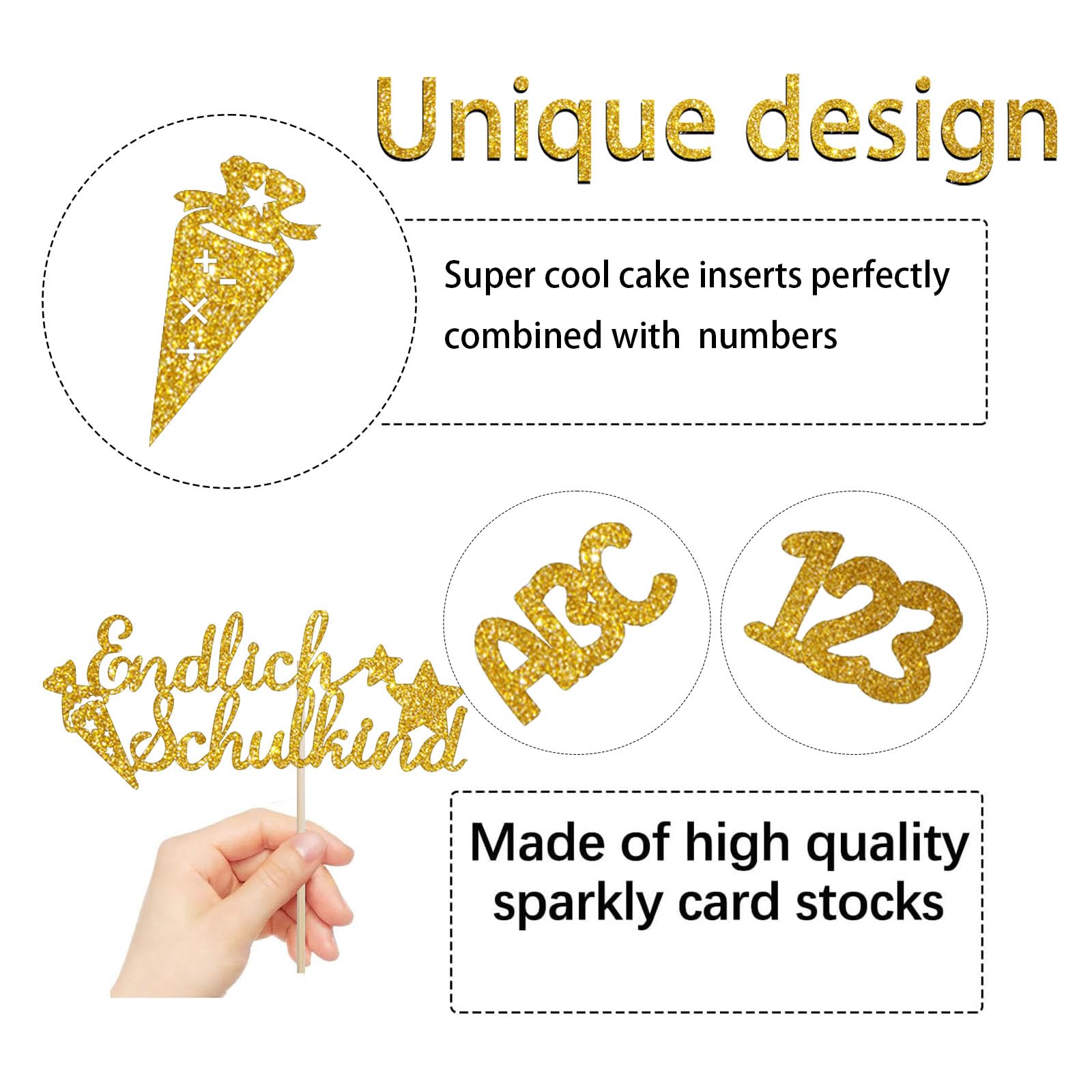 Decorazione per torte Inaugurazione della scuola 2025, set da 11 topper Hurra Schulkind, ABC 123, sacchetti di zucchero, per ragazze e ragazzi, ideale per l'inizio della scuola e per la decorazione