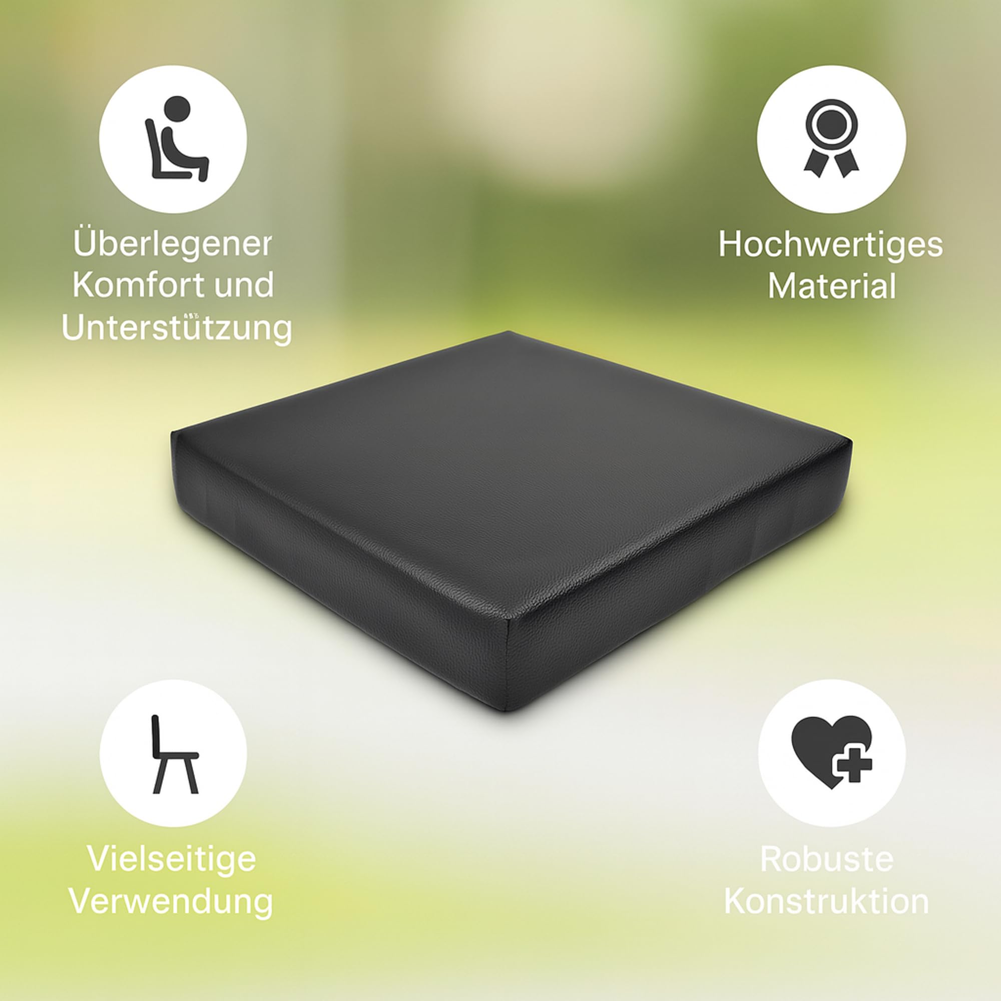 Sitzauflage für Rollstühle und Bürostühle zur Druckentlastung | Sitzkissen mit Kunstlederbezug | Ergonomisches Rollstuhlkissen | Kunstleder (schwarz, 43 x 48 cm)