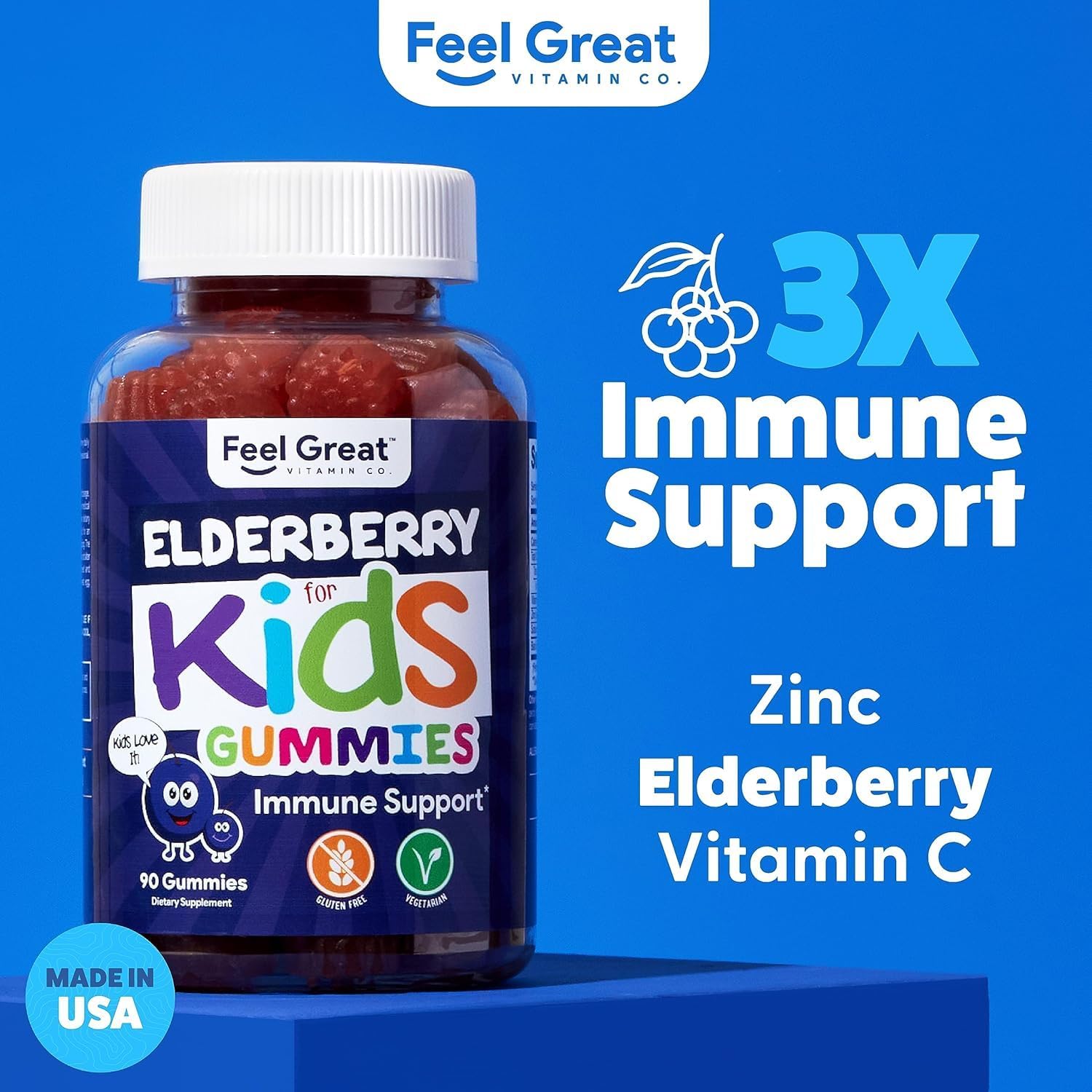 Feel Great Kids Elderberry Gummies with Zinc and Vitamin C (4-Pack) | Kids Immune Support Sambucus Elderberry Gummies | Berry Flavored Vegan Kids Multivitamins | 90 Gummies per Bottle
