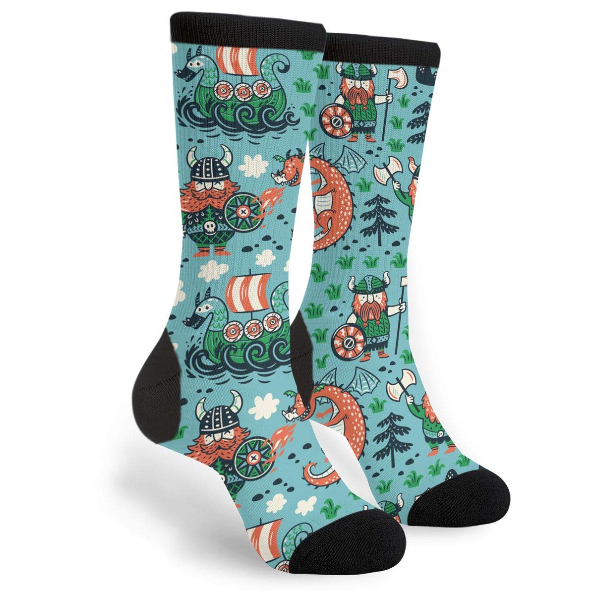 934 Novelty Work Socks Cartoon Vikings Dragon And Ship Socks Recycled Running Socks Unisex For Yoga Walking Women 40Cm