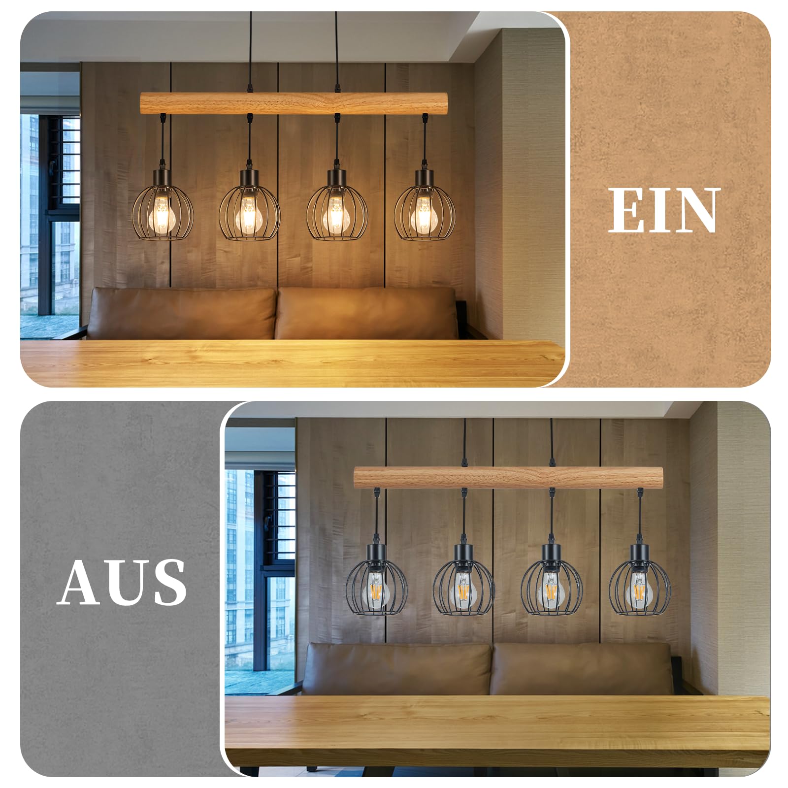 ZMH Vintage Hängelampe Holz 4 flammig - Pendelleuchte esstisch im Industrial Design Schwarz Retro Hängeleuchte Esstischlampe höhenverstellbar für Esszimmer Küche Wohnzimmer Bar (Ohne Leuchtmittel)