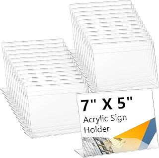 Vicenpal 24 Pcs 7x5 Inch Clear Acrylic Sign Holder Plastic L-shape Vertical Menu Stand, Picture Photo Frames, Table Paper Holder, Flyer Sign Display Stand for Restaurants, Store, Office, Wedding