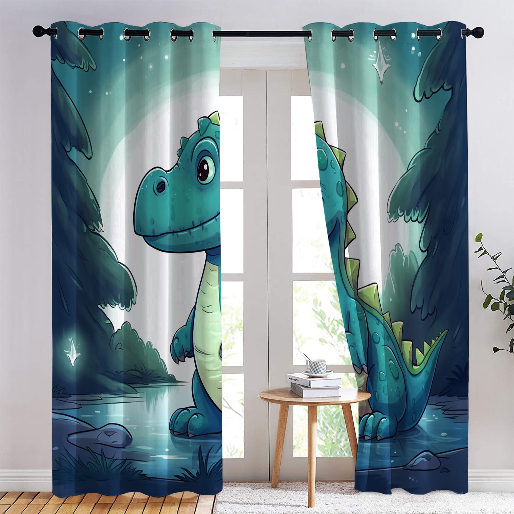 Rideau Occultant Dinosaure, Garçon Motif Rideaux Thermiques à Oeillets, Rideaux Imprimé pour Salon Chambre Fenetre Moderne Décoration, 140x220 cm (L x H), Lot de 2