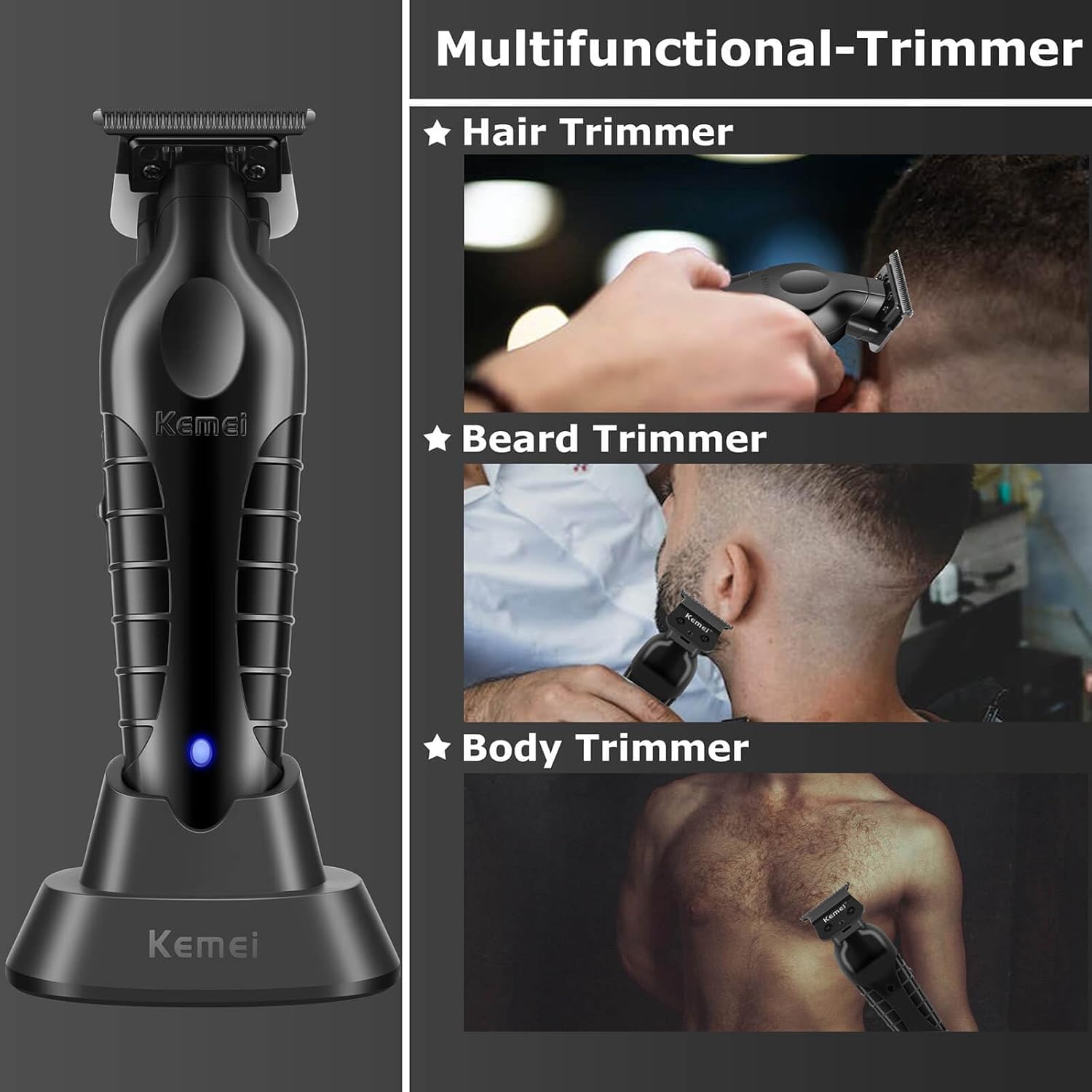 KEMEI 2299 Hair Trimmer for Men with Charging Dock, Professional Cordless T-Blade Clippers for Edging & Lining, Barber Zero Gap Trimmers, USB Rechargeable Kit with Storage Base (Black)