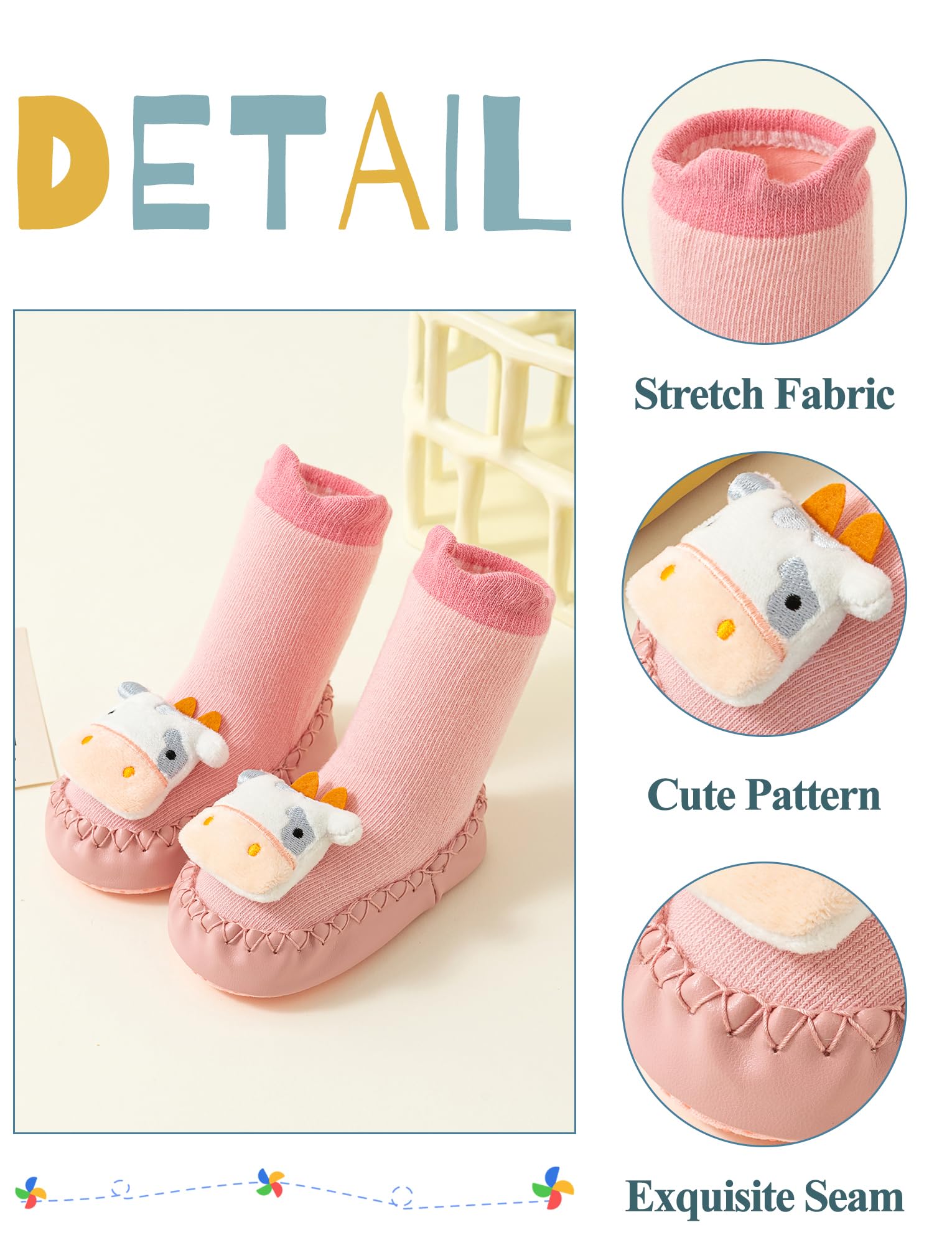 Happy Cherry Baby Non Slip Walking Warm Socks Unisex Baby Winter Fall Spring Socks Cartoon Sneakers Indoor Outdoor Pink Cow+Purple Sheep 6-12 Months