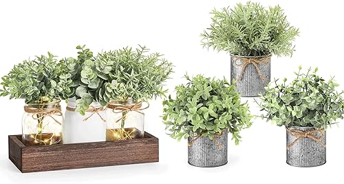 Mkono Mini plantas falsas y tarro de masón, centro de mesa, decoración rústica de granja, plantas artificiales ligeras en maceta, eucalipto