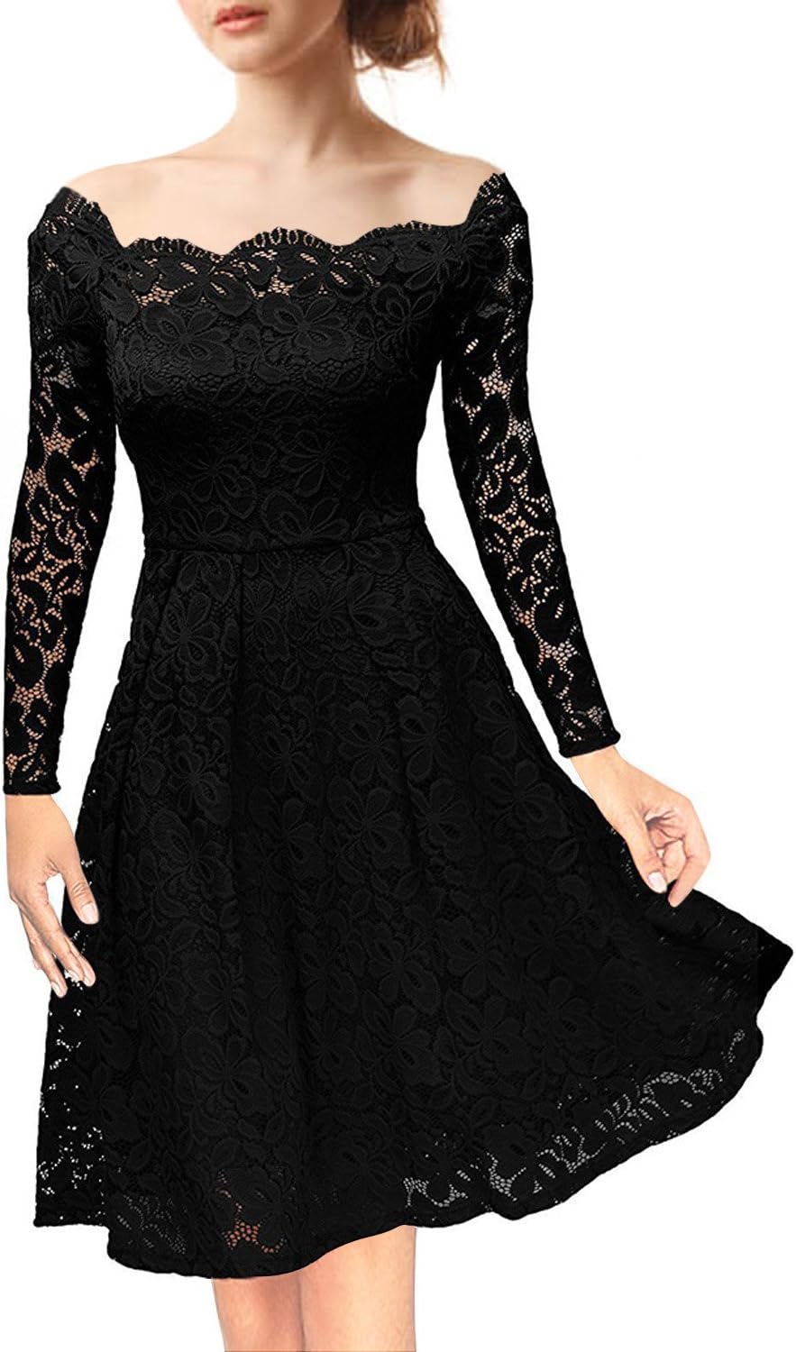 NALATI Women Lace Dress Vintage Floral Off-Shoulder Boat Neck Long Sleeves Cocktail Party A-Line Swing Dress