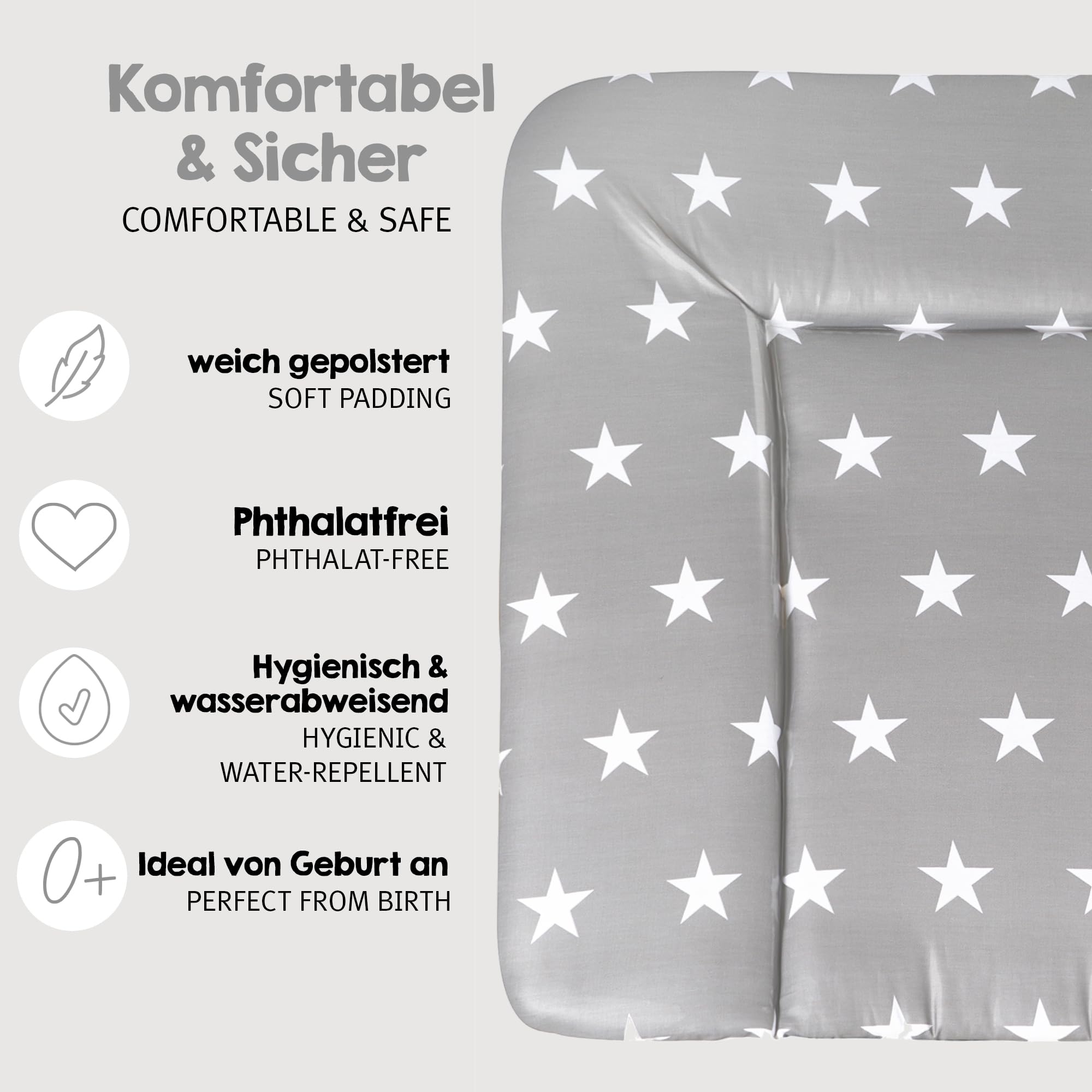 roba Colchón Cambiador Bebe Impermeable 85 x 75 cm - Little Stars - Borde Elevado - Superficie sin Ftalatos - Estampado de Estrellas Blancas sobre Fondo Gris