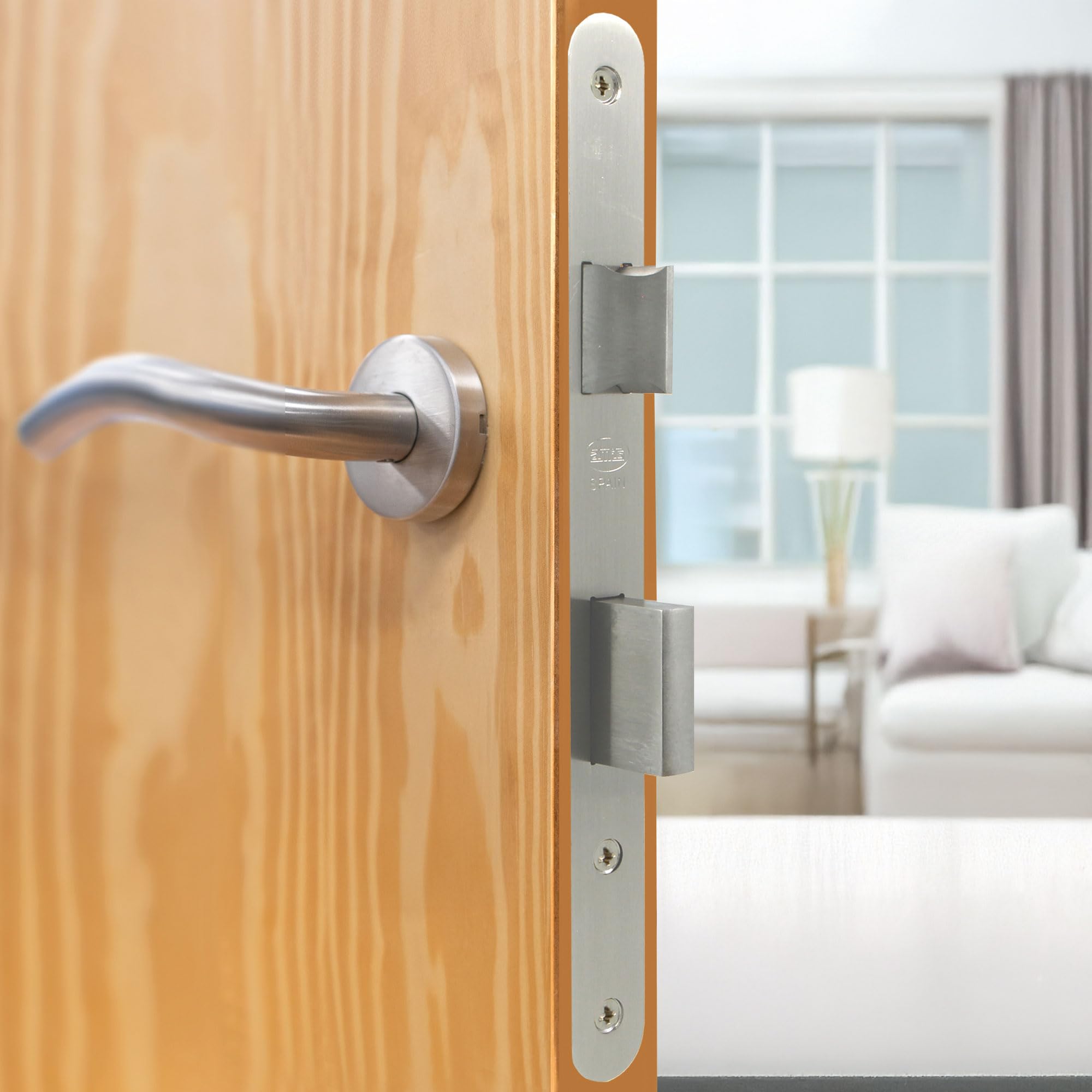 Amig - Serrure Encastrée pour Portes en Bois - Avec Gâche de Fermeture - Face et Support à Angle Rond - Entrée de 50 mm - Pêne réversible - Acier - Argent Mat - 230 mm