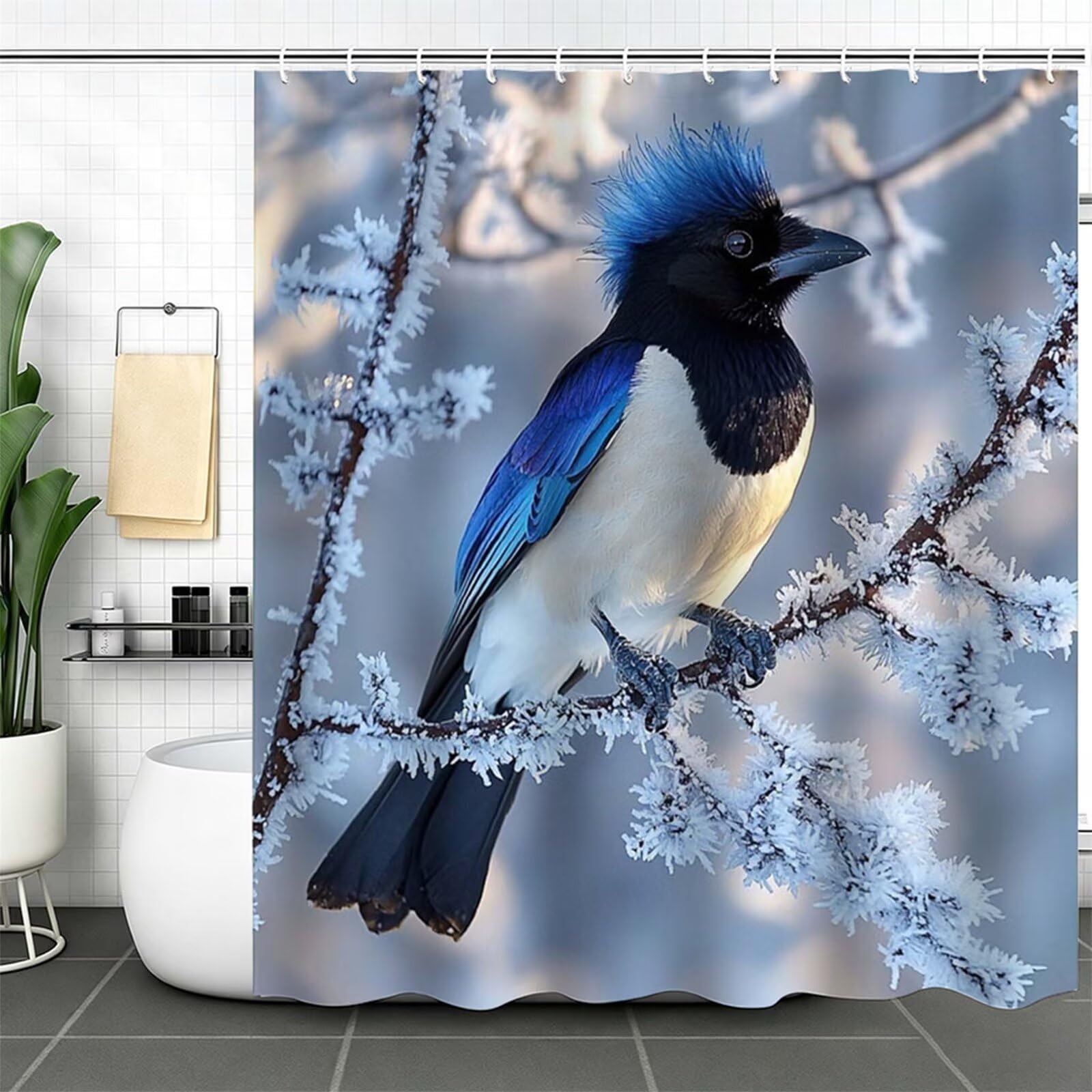 Tenda Doccia 240x200cm blu Tenda per Doccia con 12 Anelli, Bordo Ponderato, Polyester Tessuto Lavabile, Asciugatura Rapida, Facile da Pulire, per Bagno Dormitorio Hotel uccello J-355