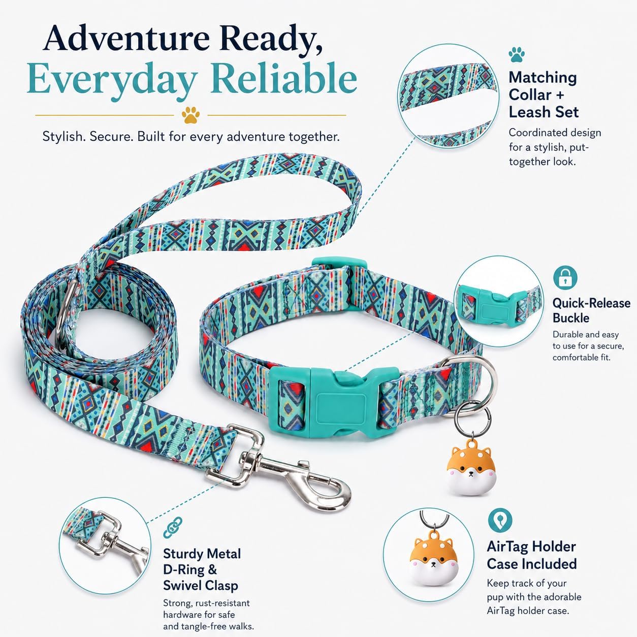 Matching Dog Collar and Leash Set with AirTag Holder-Maya/XS image 5