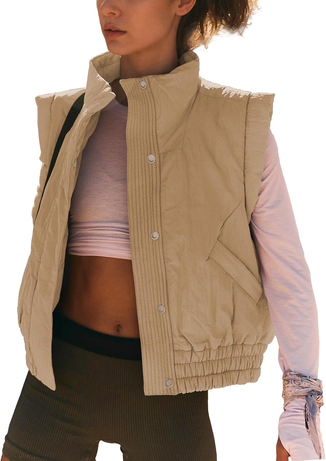 Ainangua Women Cropped Puffer Vest Button Sleeveless Light Jacket Scrunch Stand Collar Essentials Gilet with Pockets