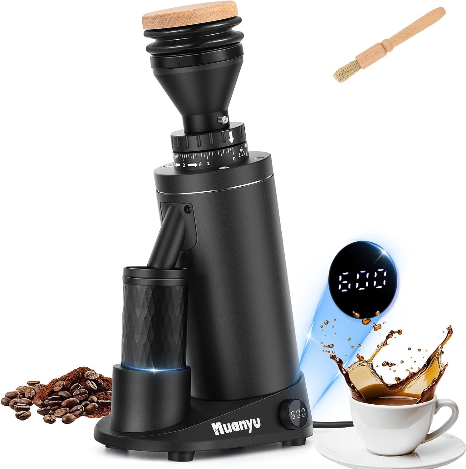 Huanyu Professional Coffee Grinder Adjustable RPM, Time-Based Dosing, Stainless Steel Flat Burr with 8 Stepless Grinding Settings