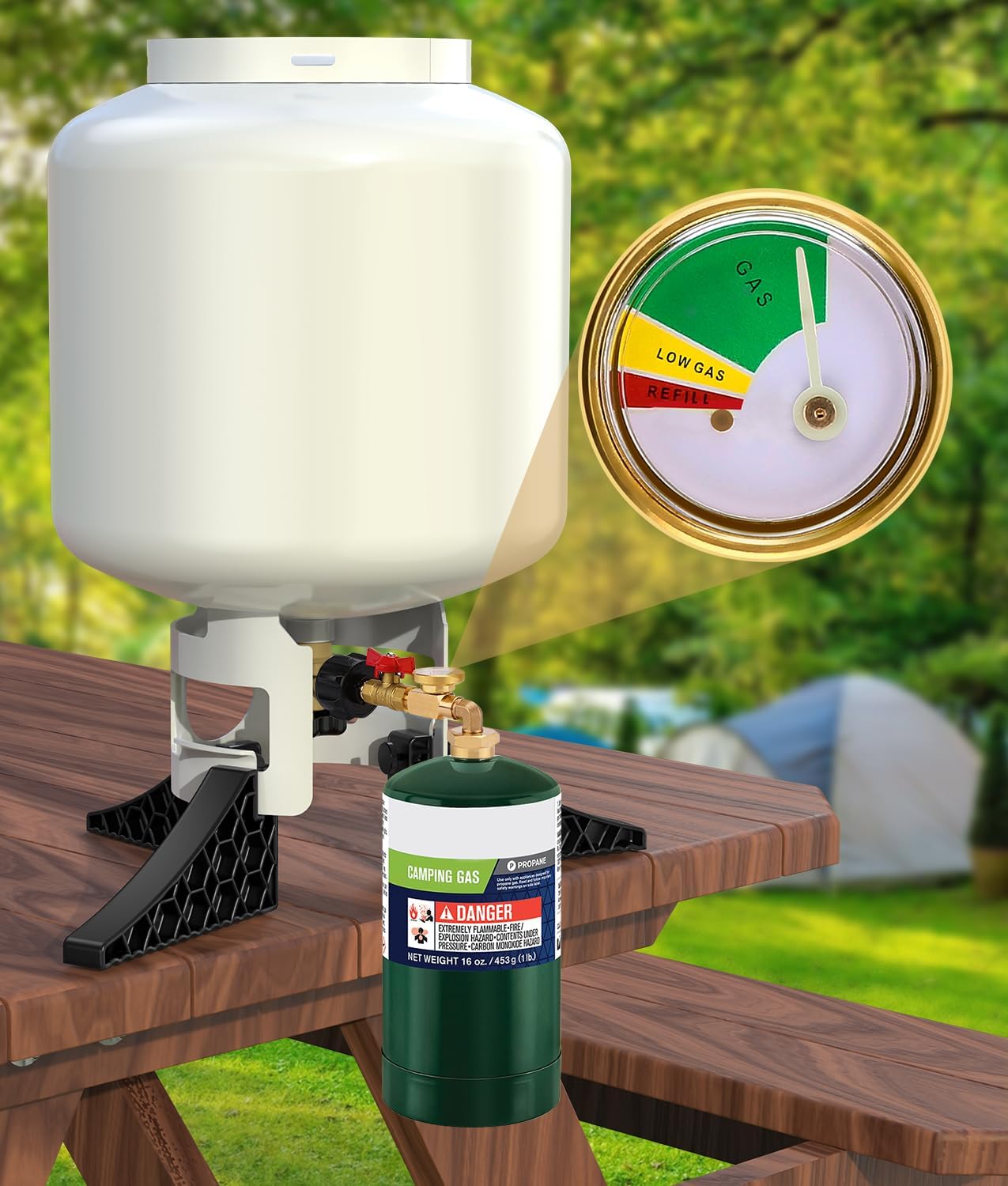 WADEO Propane Refill Adapter Kit with Propane Cylinder Stand Base, Propane Bottle Refill Adapter for 1 Lb. Tanks with Valve and Gauge, 1lb Propane Tank Refilling Adapter Set for 20lb to 1lb Converter