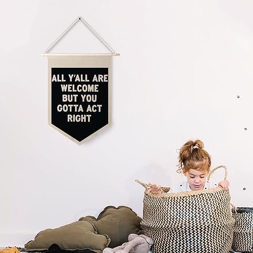 Miniatura 3 de Qpenm Cartel de lona colgante de pared con texto en inglés All Are Welcome Hanger, impresiones de bandera colgante de bienvenida, divertidos