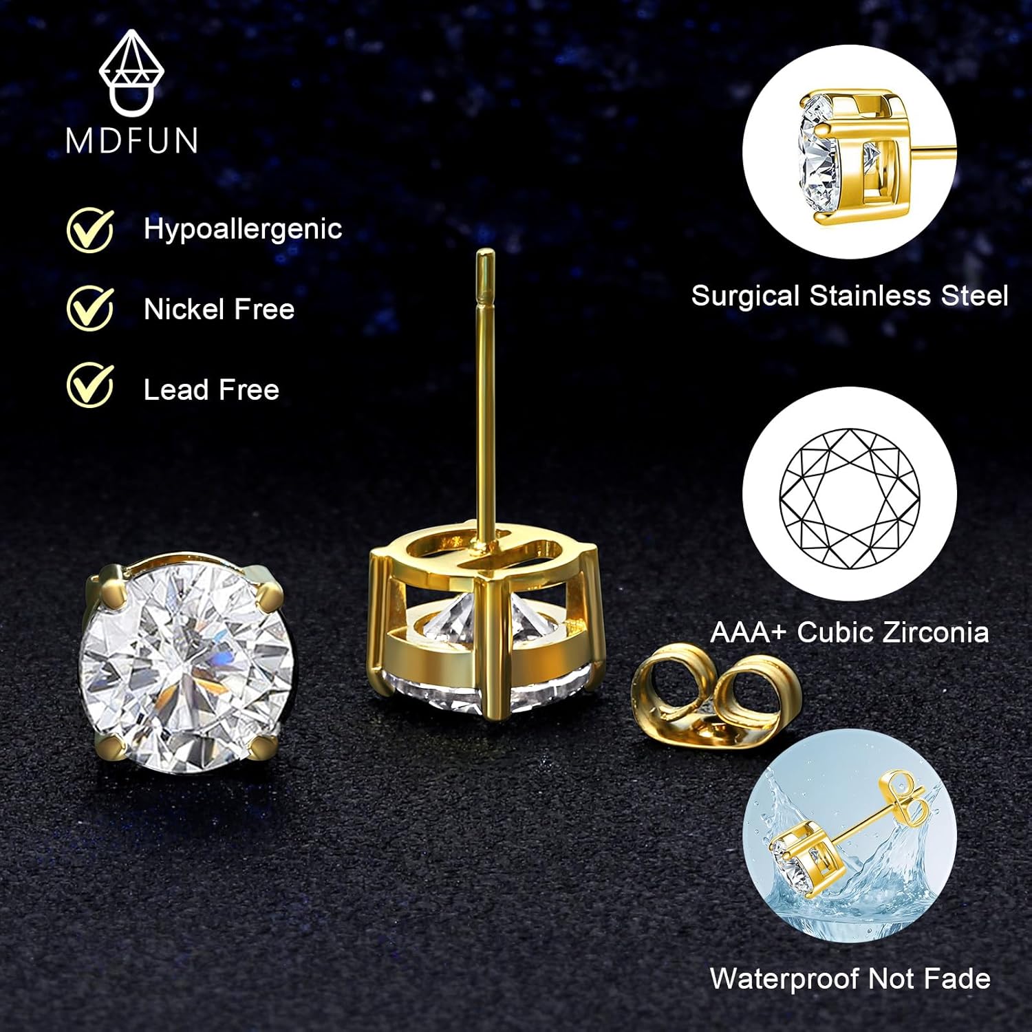 MDFUN Titanium Stud Earrings Set Hypoallergenic Cubic Zirconia Round Surgical Stainless Steel 4 Prong Stud Earring Jewelry for Women Men 3-8mm - Image 5