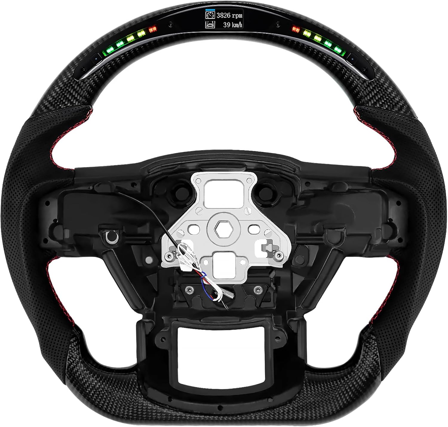 Real Carbon Fiber Steering Wheel for Ford F150 2015-2020,Perforated Nappa Leather Grip, D-Shaped Flat-bottom for F150 Steering Wheel without Paddle Shifter Holes with LED Display