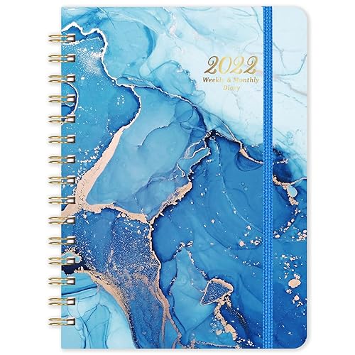 2022 Diary - A5 Diary 2022 Week to View, Jan 2022 - Dec 2022, Twin-Wire Binding with Elastic Closure, Thick Paper, Inner Pocket, Pen Loop
