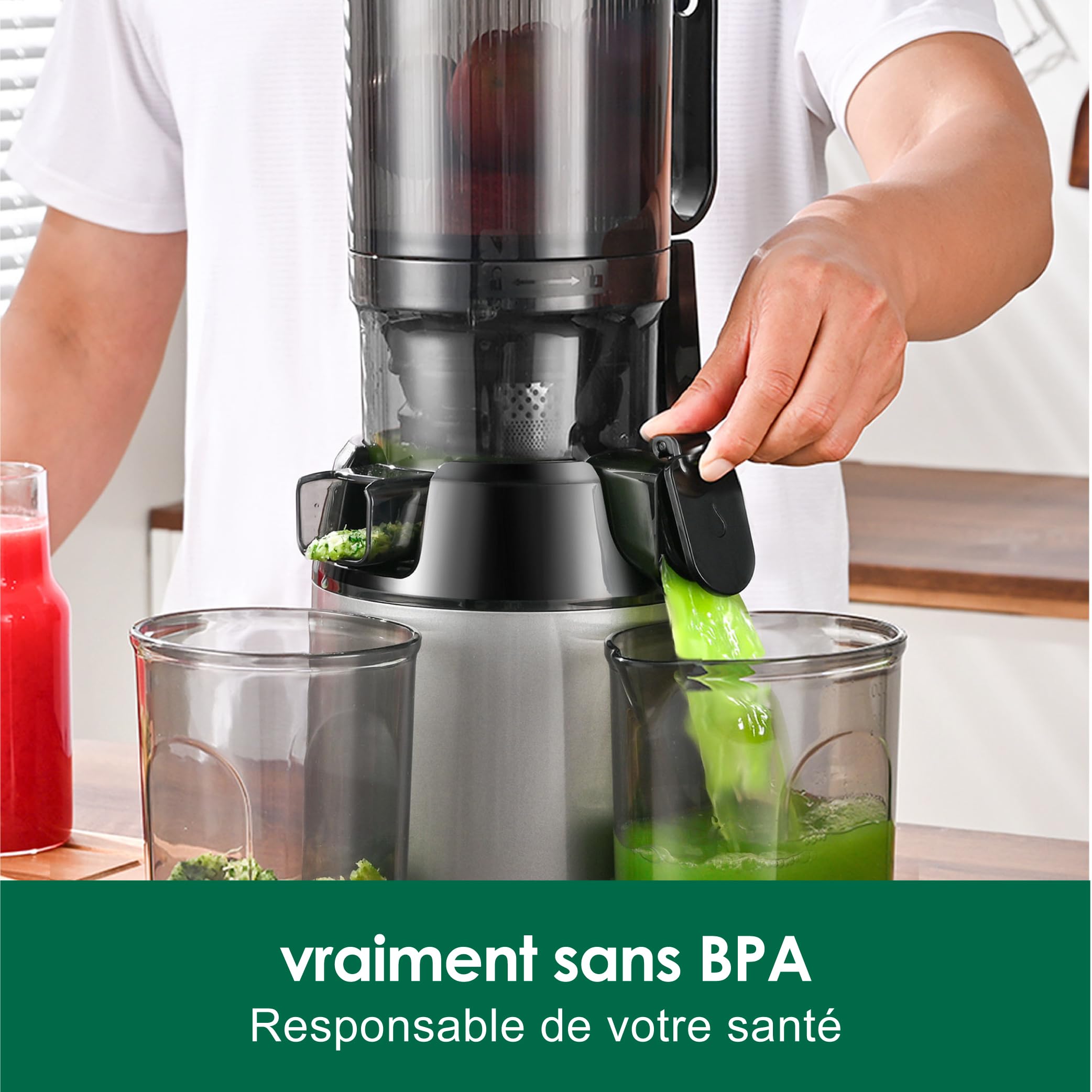 Fretta Extracteur de jus Max, Extracteur de jus de fruits et légumes, Slow Juicer Grand diamètre de 135 mm, 1.8L pressé à froid, Sans BPA, Gris