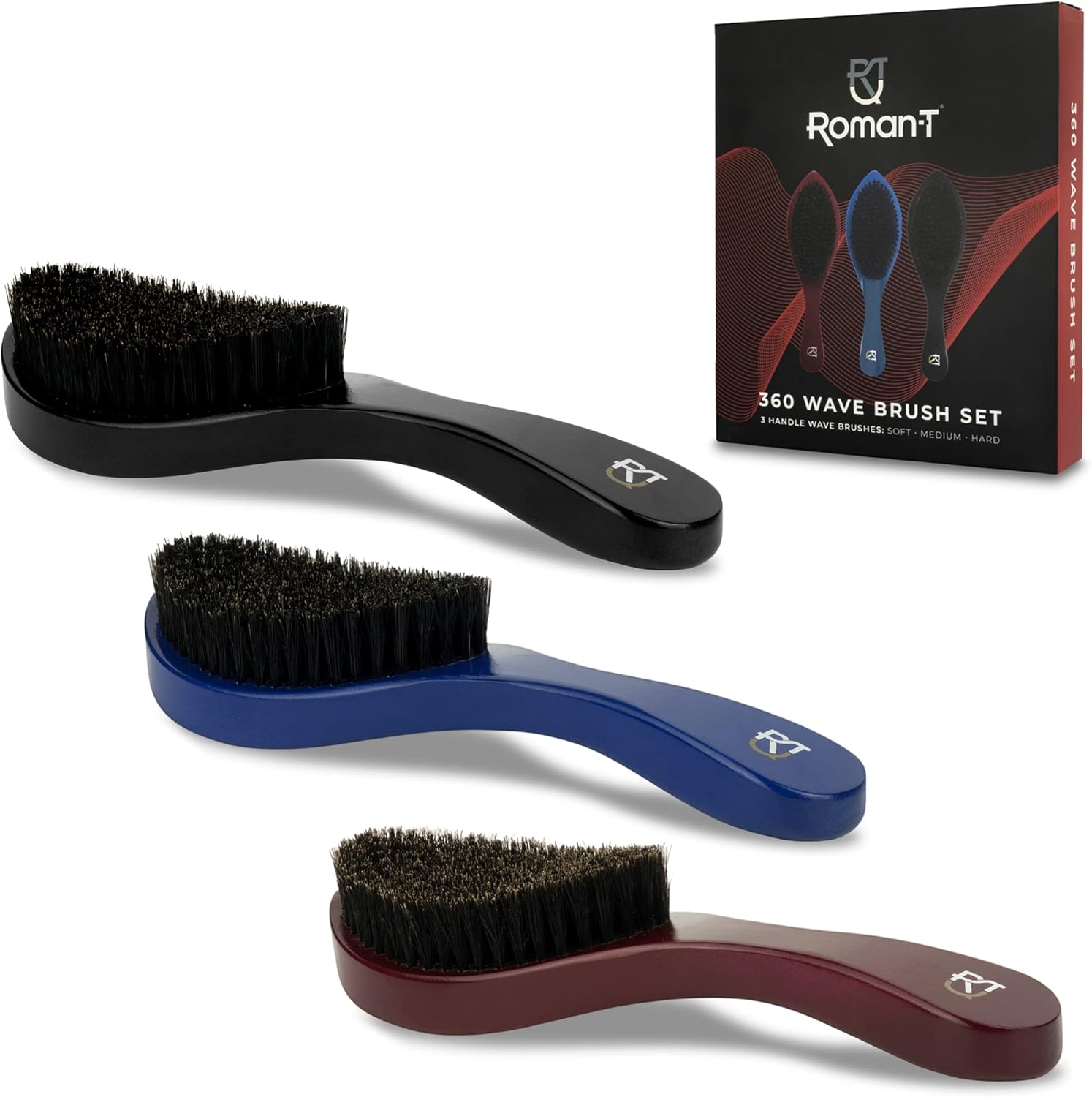 RomanT Men's 360 Wave Brush Kit Wave Brush set for 360 Waves Three Handle Wave Brushes