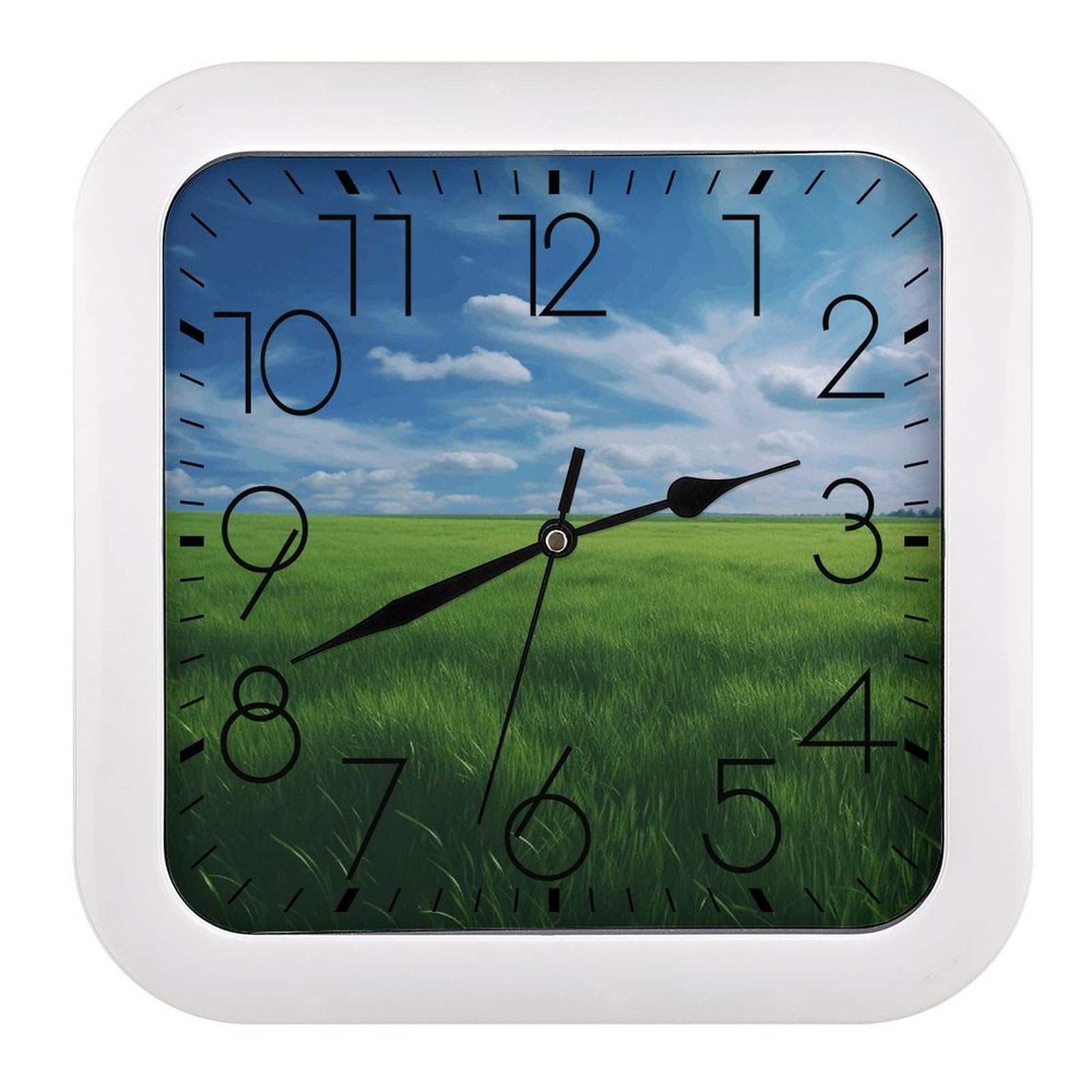 NTVOWPZO 10 Inch Wall Clock Field Green Grass Battery Operated Wall Clocks Silent Non-Ticking Square Wall Clock for Living Room Kitchen Home Office Wall Decorative Clocks