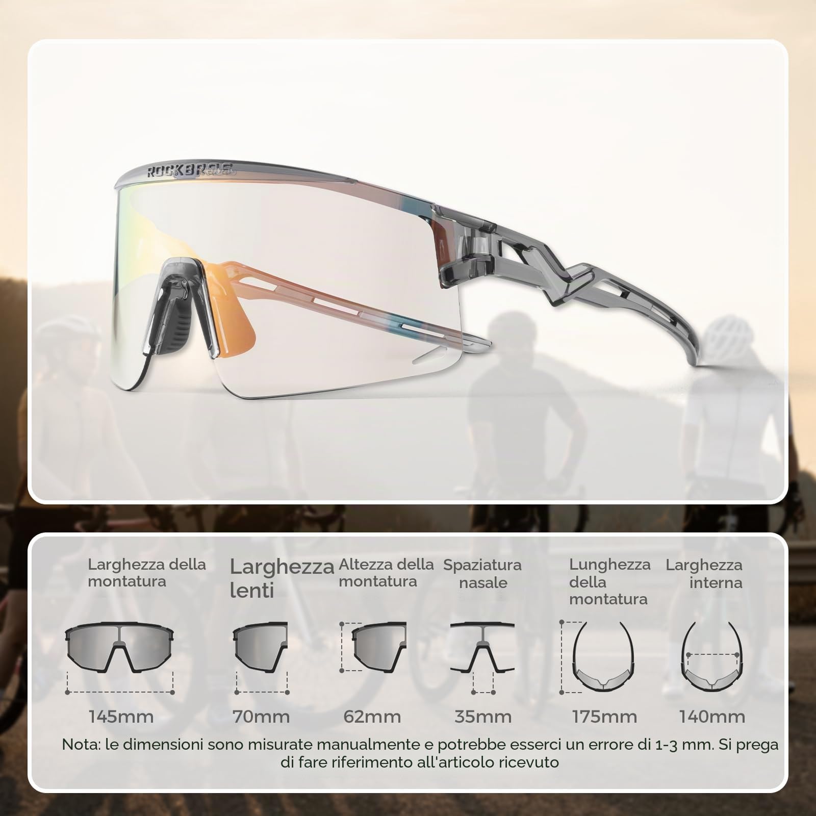 ROCKBROS Occhiali da Ciclismo, Occhiali Fotocromatici Polarizzati Bicicletta, Occhiali da Sole Sportivi, Occhiali MTB per Bici, Corsa, Pesca, Uomo e Donna