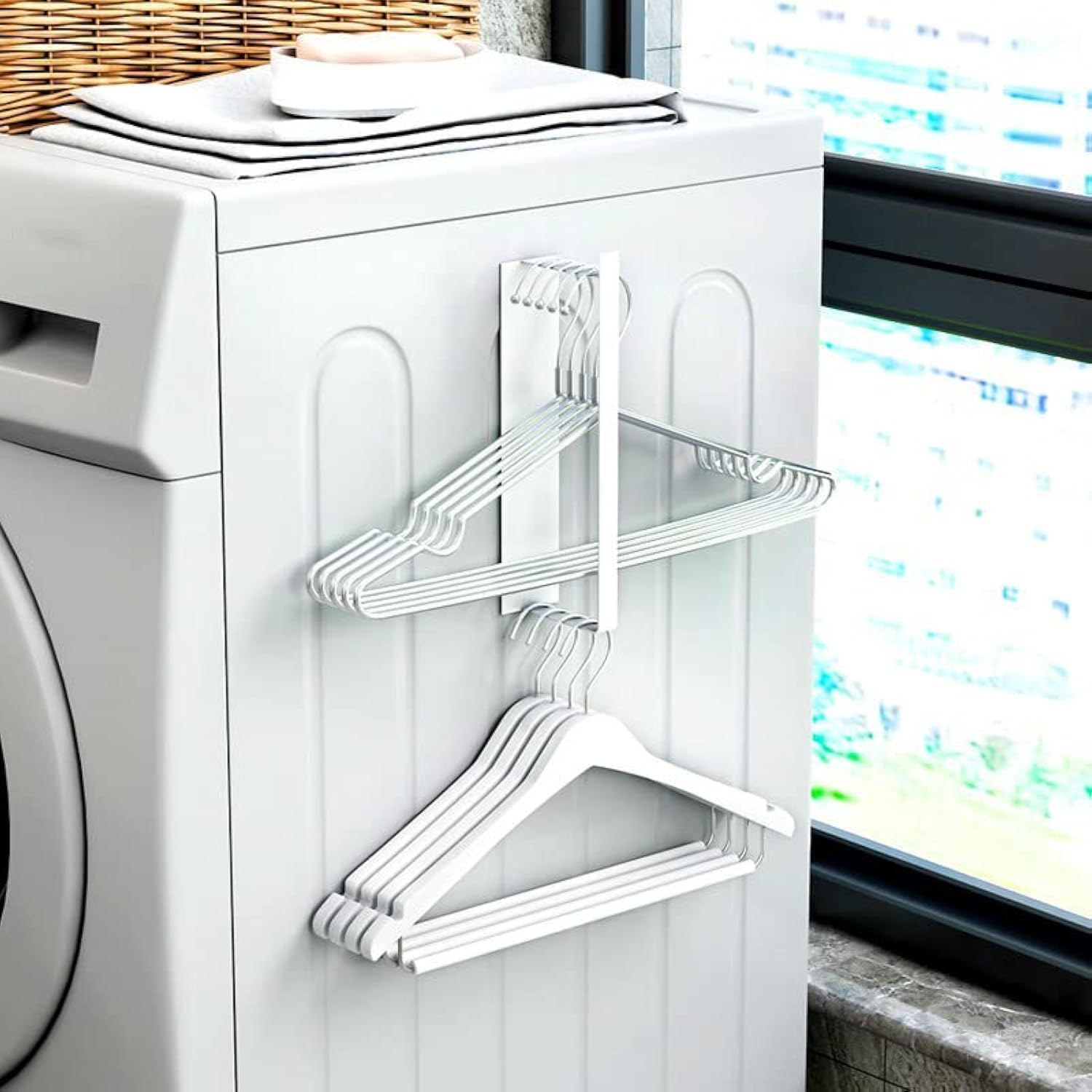 Magnetic Washer Storage Rack, Vertical or Horizontal Installation, Space-Saving Design with Hanger Holder, No Drilling Required