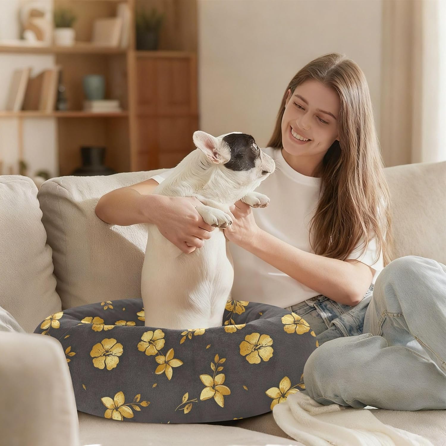 Pet Dog Beds Warm & Soft Fluffy Dog Pillow Bed for Medium Size Pets Sleeping M Golden Flowers and Pineapple Pattern