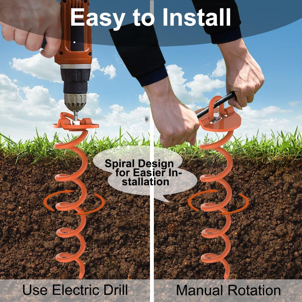 Eurmax USA 4-Pc Pack Spiral Stakes Heavy Duty Anchor Kit Ice Screw Anchor for Trampoline, Tents, tarps, Canopies,car Ports,Dog tie Out and etc Bonus Tie Down Straps 4-Pc Pack (Orange)
