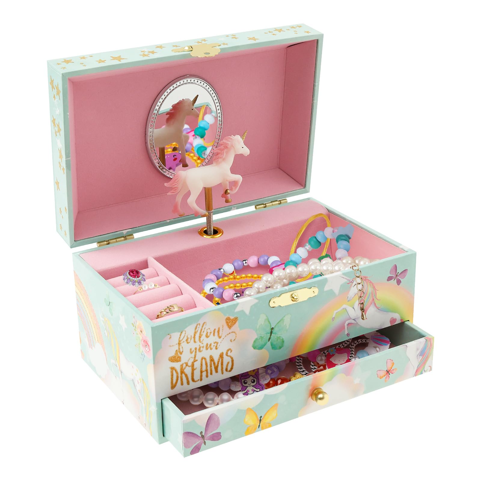 Ghshanog Girls Green Musical Jewellery Box For ,Kids Music Box With Ballerina/Unicorn, 2 Layer Musical Jewelry Organizer Present For Childrens Christmas Birthday New Year(Green)