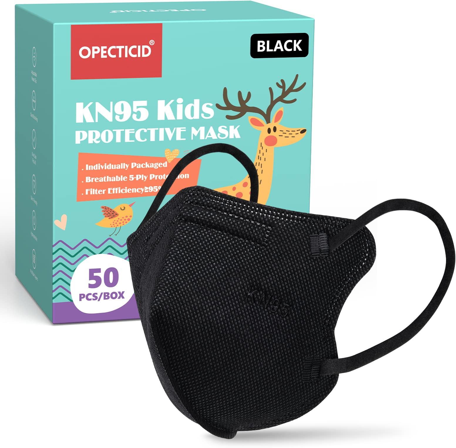KN95 Masks Small, OPECTICID 50 PCS Black Disposable Face Mask Black Filter Efficiency≥95%, 5-Ply Breathable Layer Filter Disposable Masks