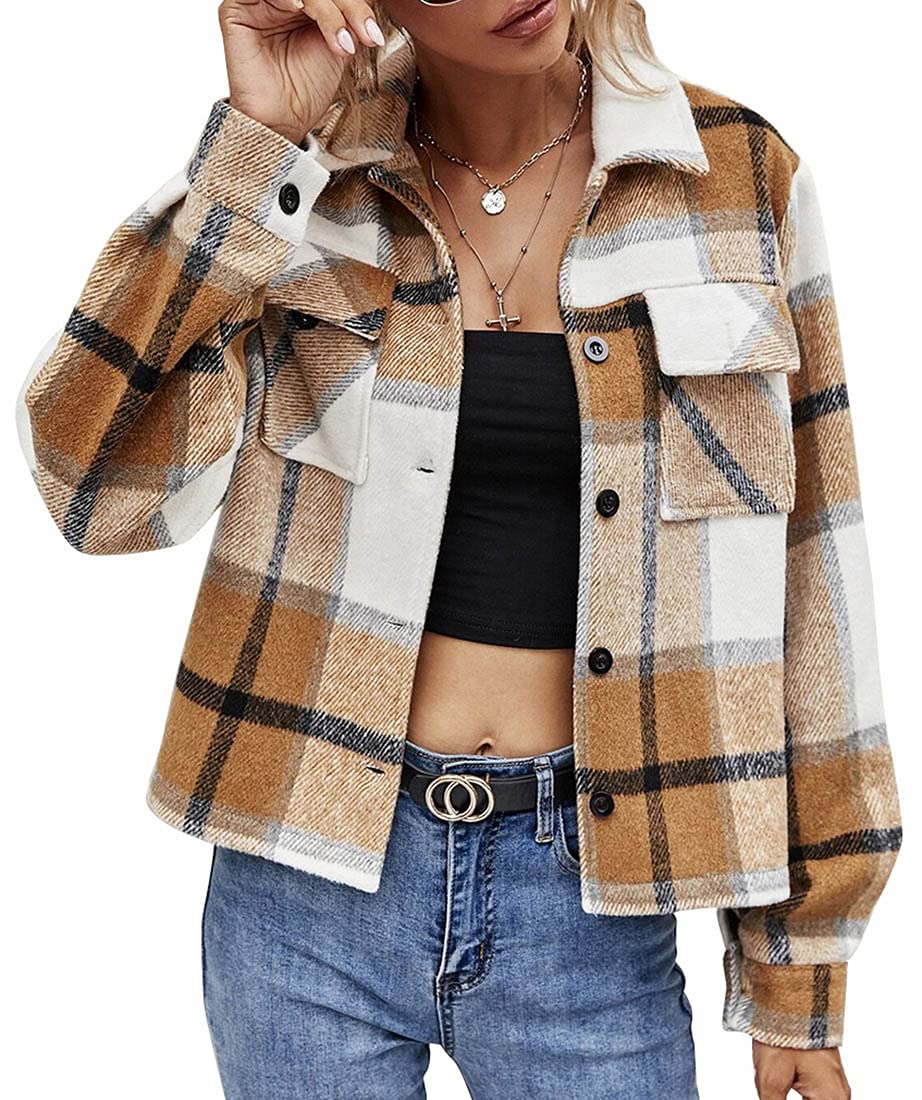 NhicdnsWomen's Casual Plaid Cropped Shacket Jacket Button Down Wool Blend Lapel Long Sleeve Flannel Shirt Jacket Brushed Short Coat