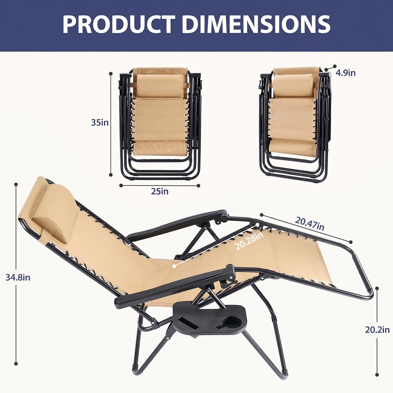 Sweetcrispy Zero Gravity Chairs, Set of 2 Portable Recliner Beach Camping Patio Outdoor Folding Lounge Chair with Cup Holder Trays and Adjustable Pillow for Poolside, Garden, Backyard, Lawn, Khaki image 2
