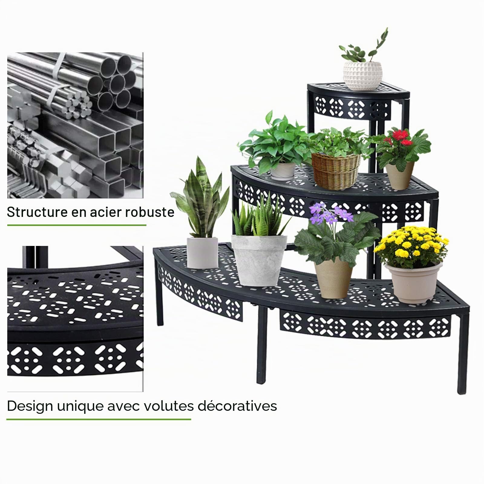 aboxoo Étagère d'angle à 3 niveaux pour pots de fleurs, étagère d'angle en métal pour intérieur et extérieur (noir, demi-cercle)