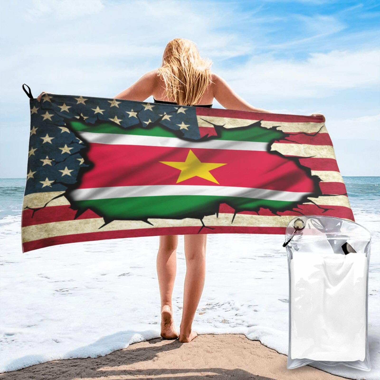 HACXZ Vintage America Flag and Suriname Flag Absorbent Beach Towel Microfiber Beach Towel Lightweight 31.5"X63"
