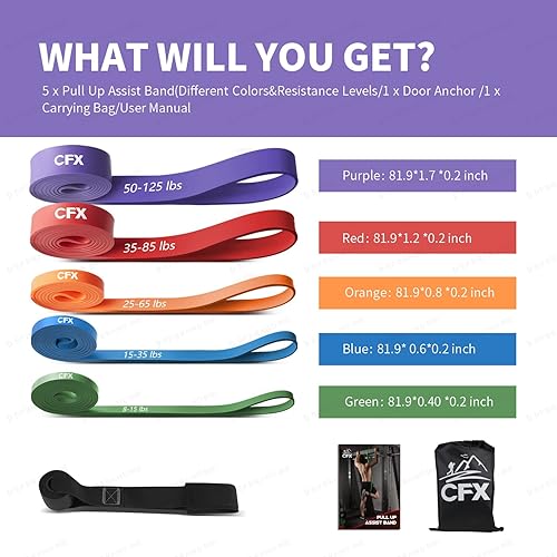 Miniatura 7 de Paquete de 8 bandas de resistencia para entrenamiento 3 bandas de tela y 5 colores de bandas de dominadas