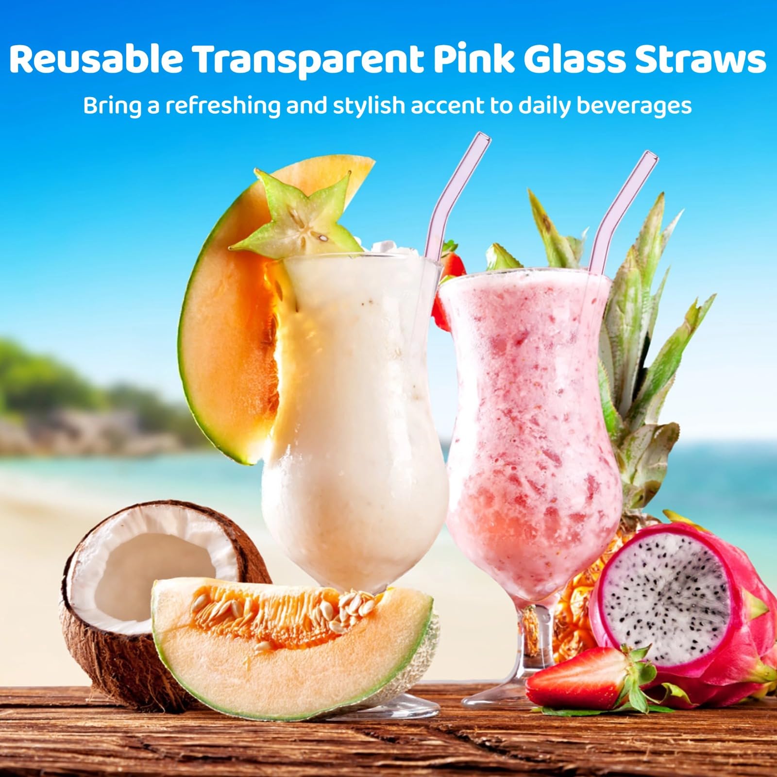 24 Stück Glasstrohhalme, wiederverwendbar, pink, gebogen, aus Borosilikatglas, Trinkhalme für Smoothies, Milchshakes, heiße und kalte Getränke, klare Glasstrohhalme, mit 2 Reinigungsbürsten