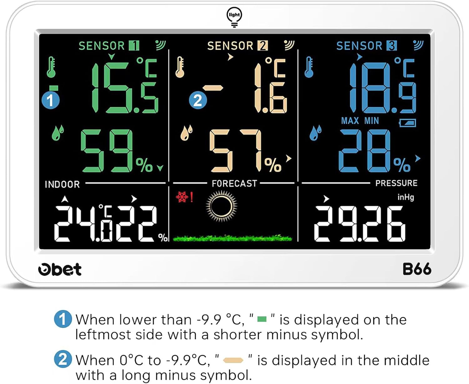 OBET Weather Station Wireless Indoor Outdoor Thermometer with 3 Sensors, Temperature Humidity Monitor with Alerts 500ft Range and 3 Adjustable Brightness White