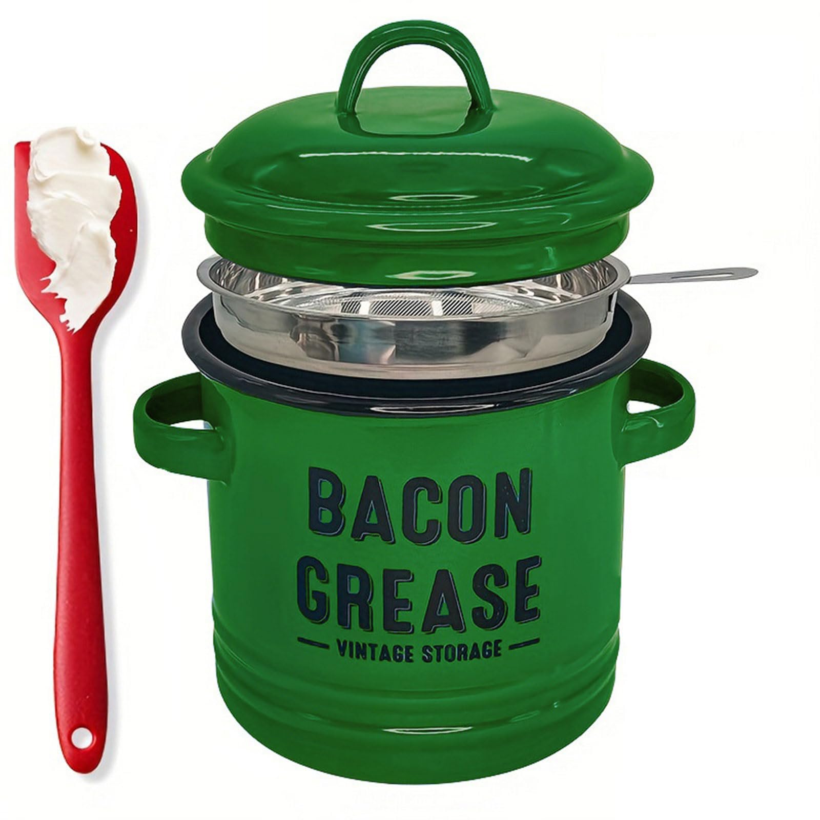 Shurhome Multipurpose Enameled Grease Keeper with Strainer and Silicone Spatula for Preserving Bacons Drippings Fat and Kitchen Use Bacons Fat Keeper