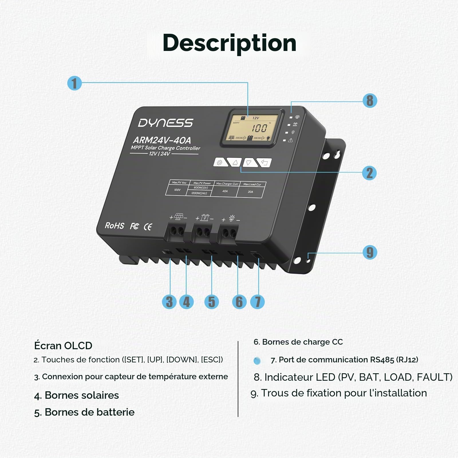 Dyness Régulateur de Charge Solaire MPPT 40A 12V 24V Automatique, Bluetooth, 100V (Entrée PV max.), Écran LCD, pour Systèmes Solaires & Batteries SLA, GEL, FLD, AGM, Li