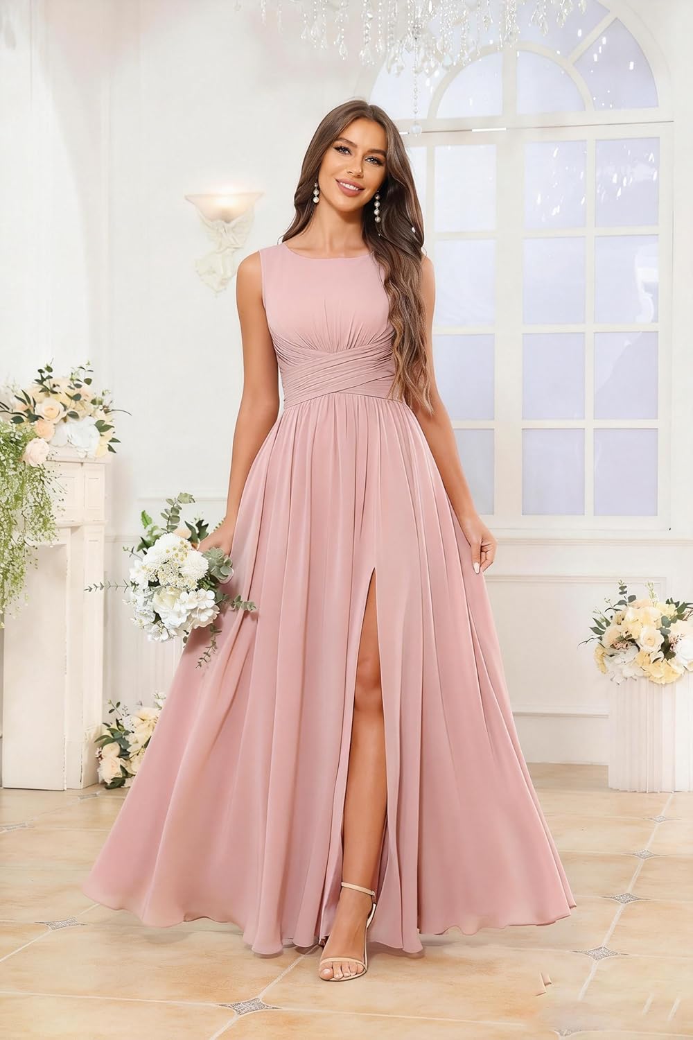 Women’s Pleated Chiffon Bridesmaid Dresses Scoop Neck Formal Dress A-line Wedding Guest Dress with Pockets