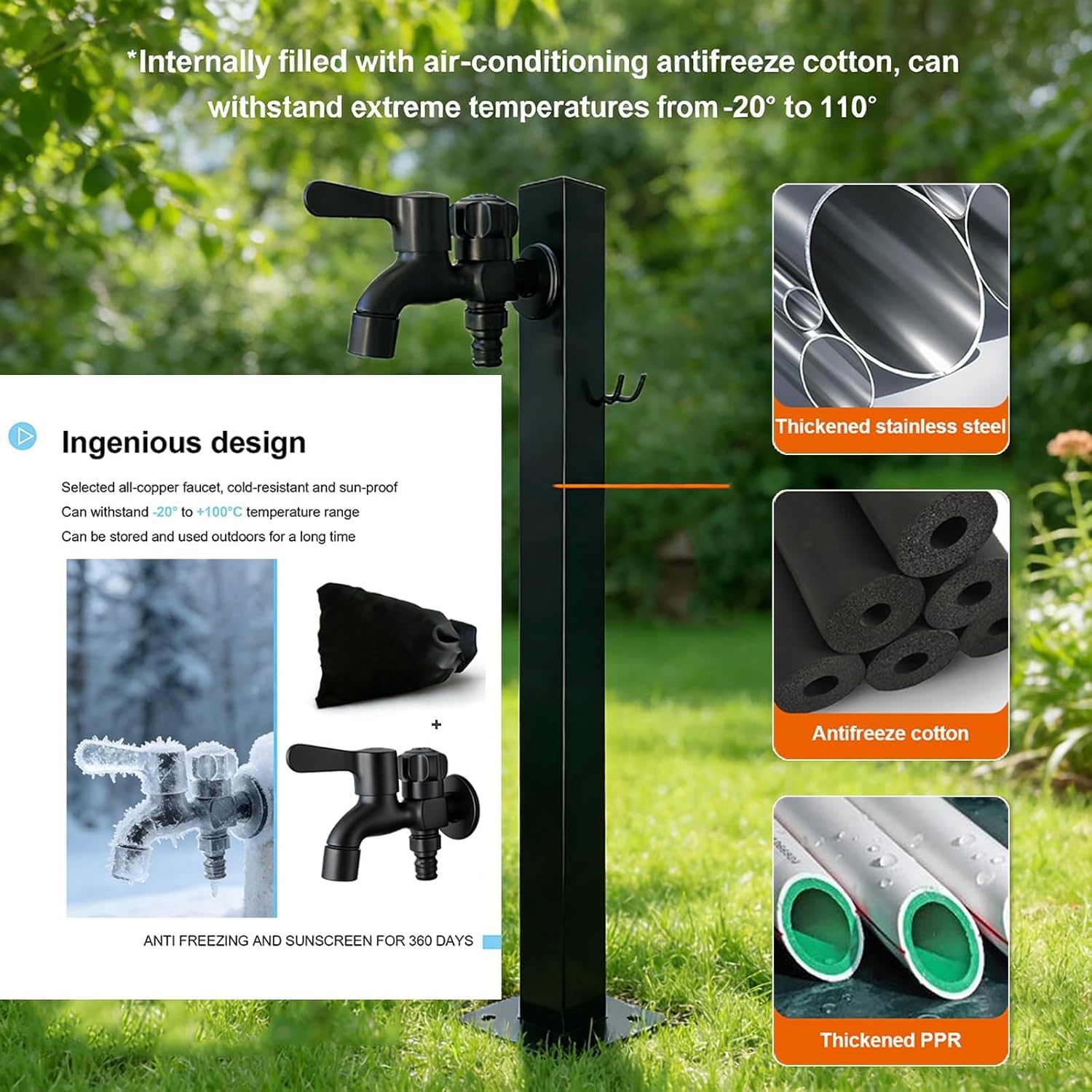 Kanduo columna de agua para jardin vertical Soporte independiente for manguera de jardín con grifo doble - Columna agua for exteriores acero inoxidable a prueba heladas