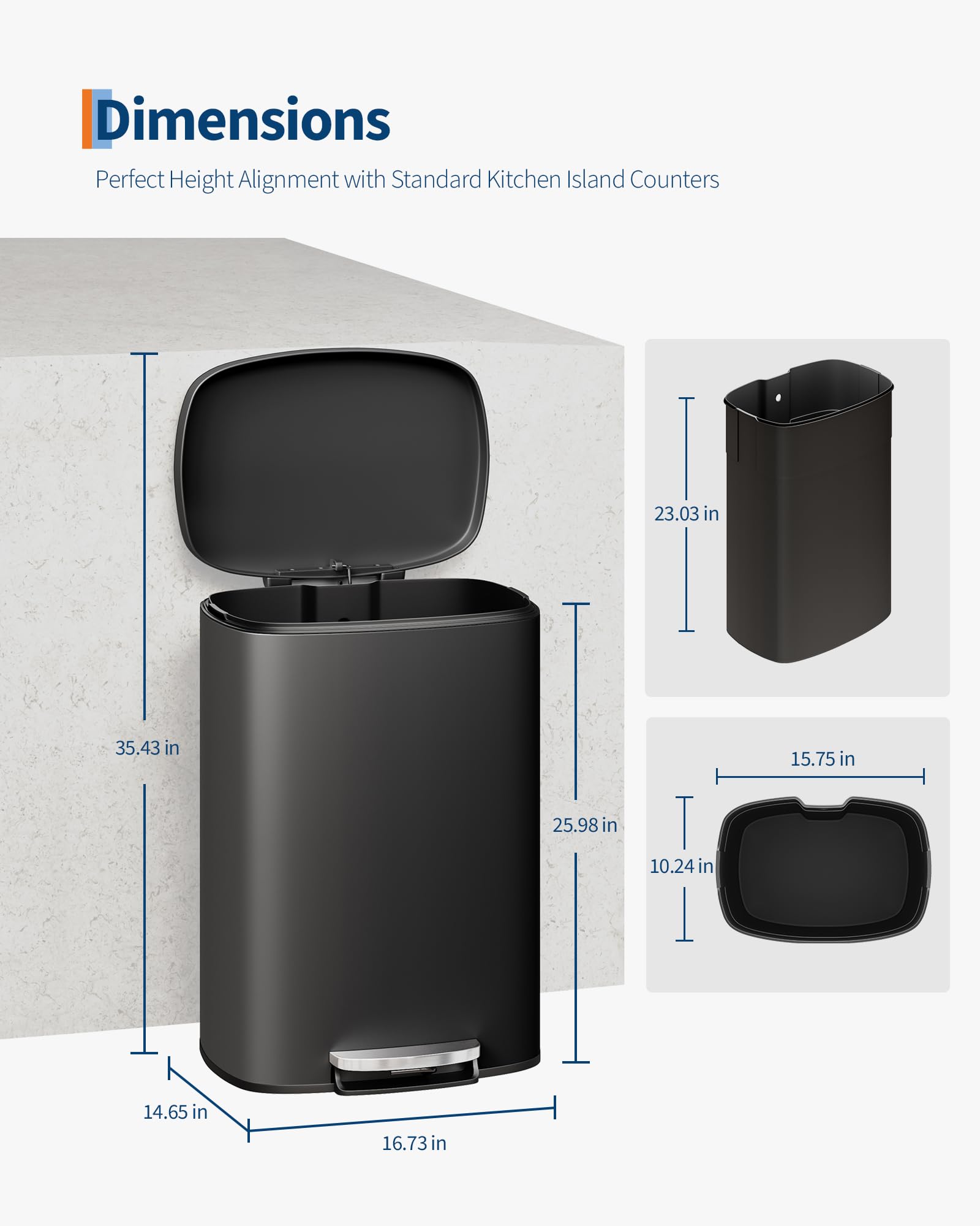 GarveeHome 50 Liter- und 10 Liter-Metallmülleimer-Set, rostfreier Küchen Mülleimer mit Deckel, pedalbetätigter Mülleimer mit Inneneimer, Griff an der Rückseite, Schwarz