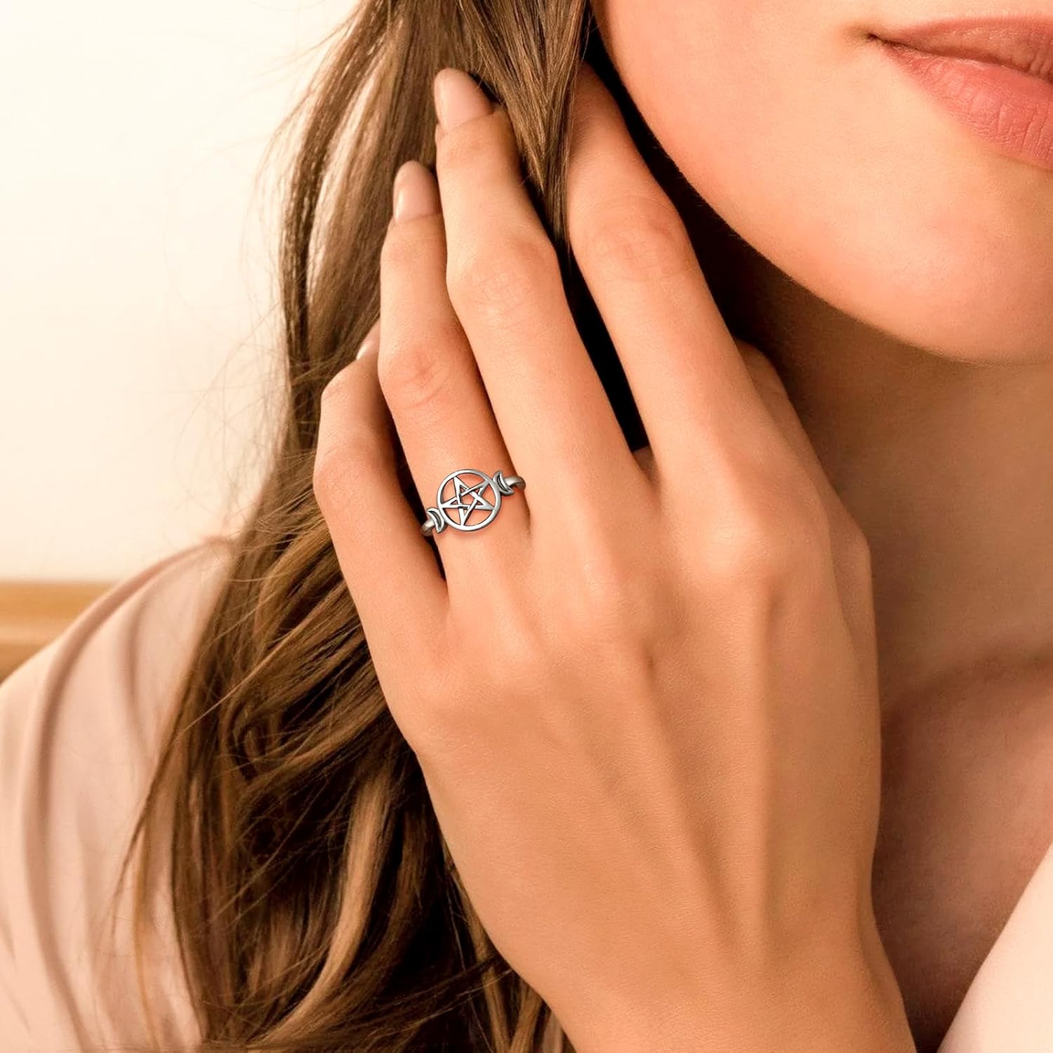 Jewmon 925 Sterling Silver Pentacle Pentagram Ring for Women Wiccan Triple Moon Ring Adjustable Goddess Amulet Wrap Open Ring Protection Witch Pagan Jewelry Gifts for Mom Daughter