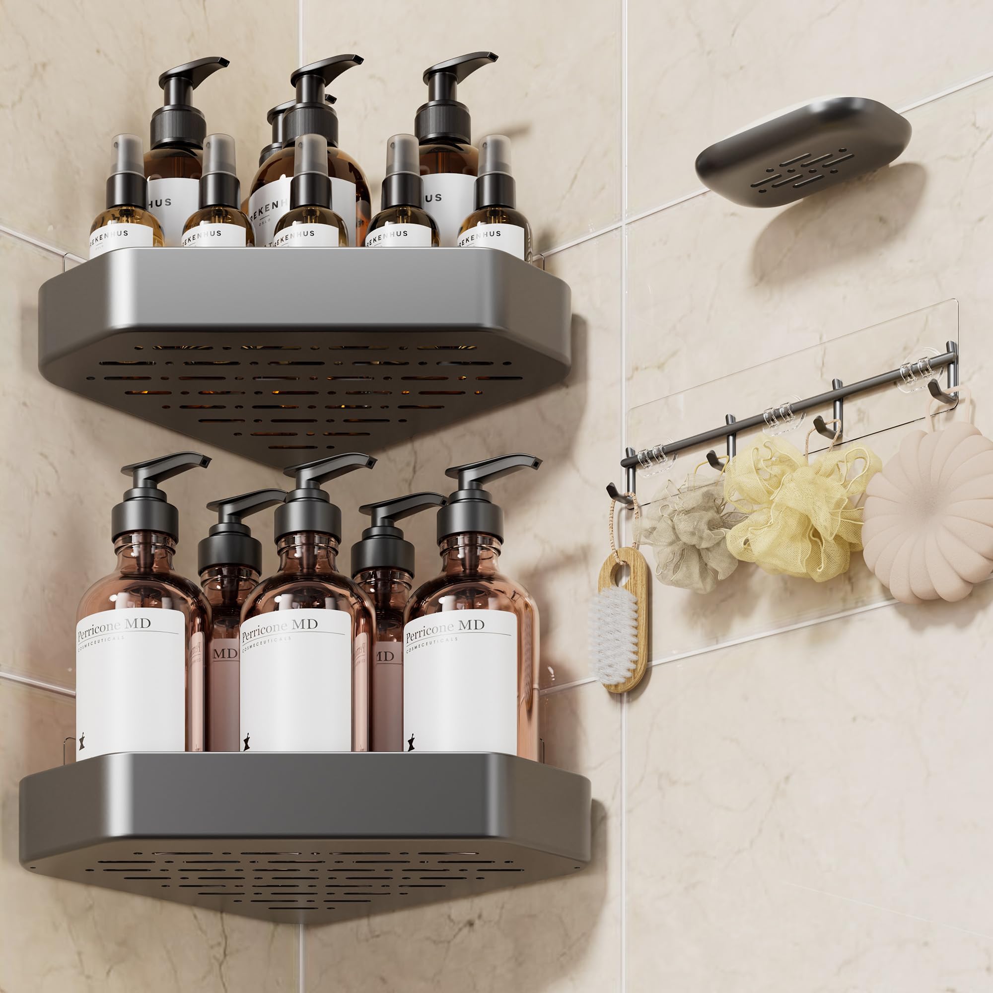 veken aluminum corner shower caddy 4-pack, never rust, no drilling adhesive shelves, stainless rack with soap holder, large capacity bathroom organizers and storage, wall-mounted kitchen & home decor