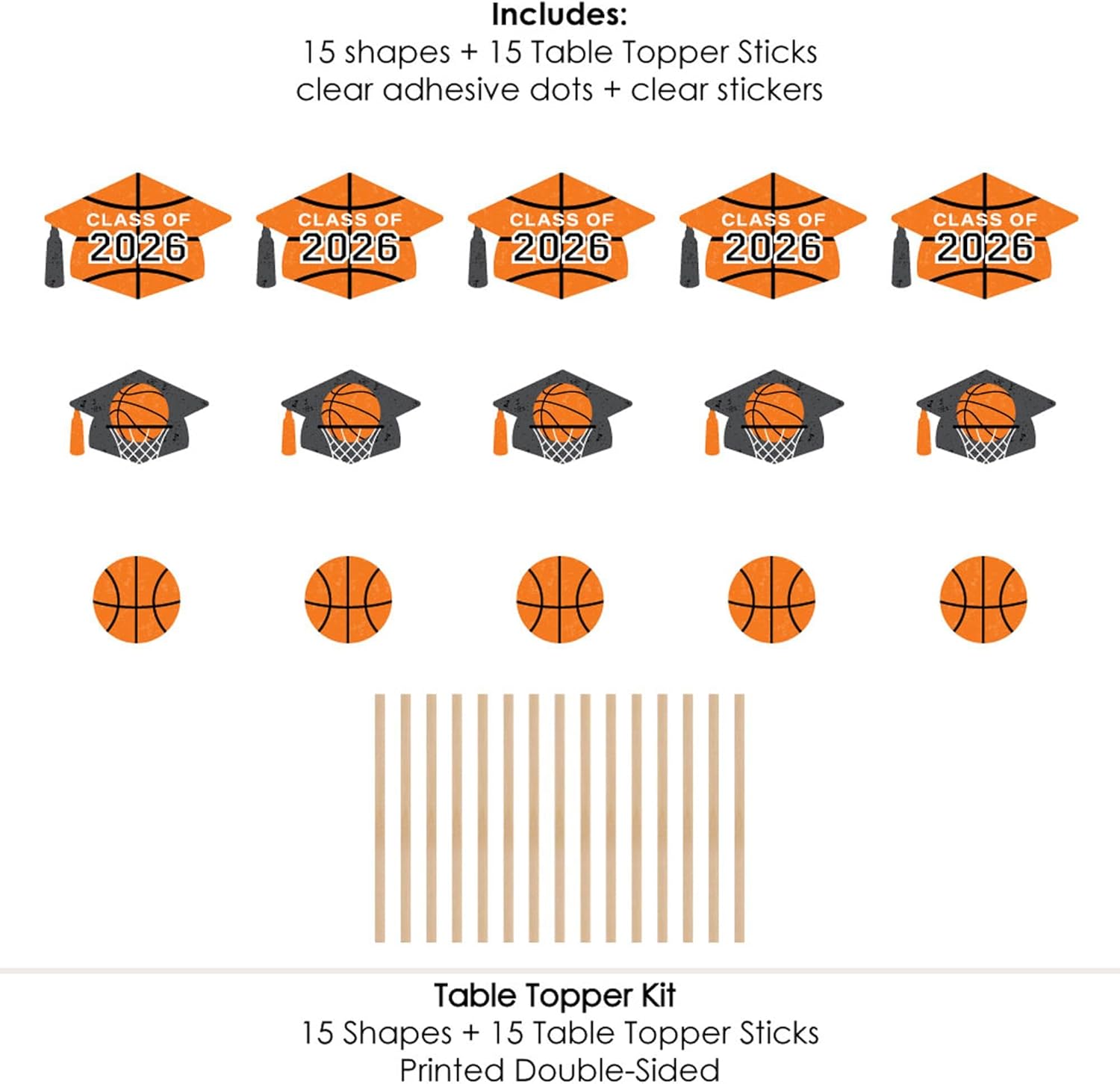 Big Dot of Happiness Grad Basketball - 2026 Graduation Party Centerpiece Sticks - Table Toppers - Set of 15