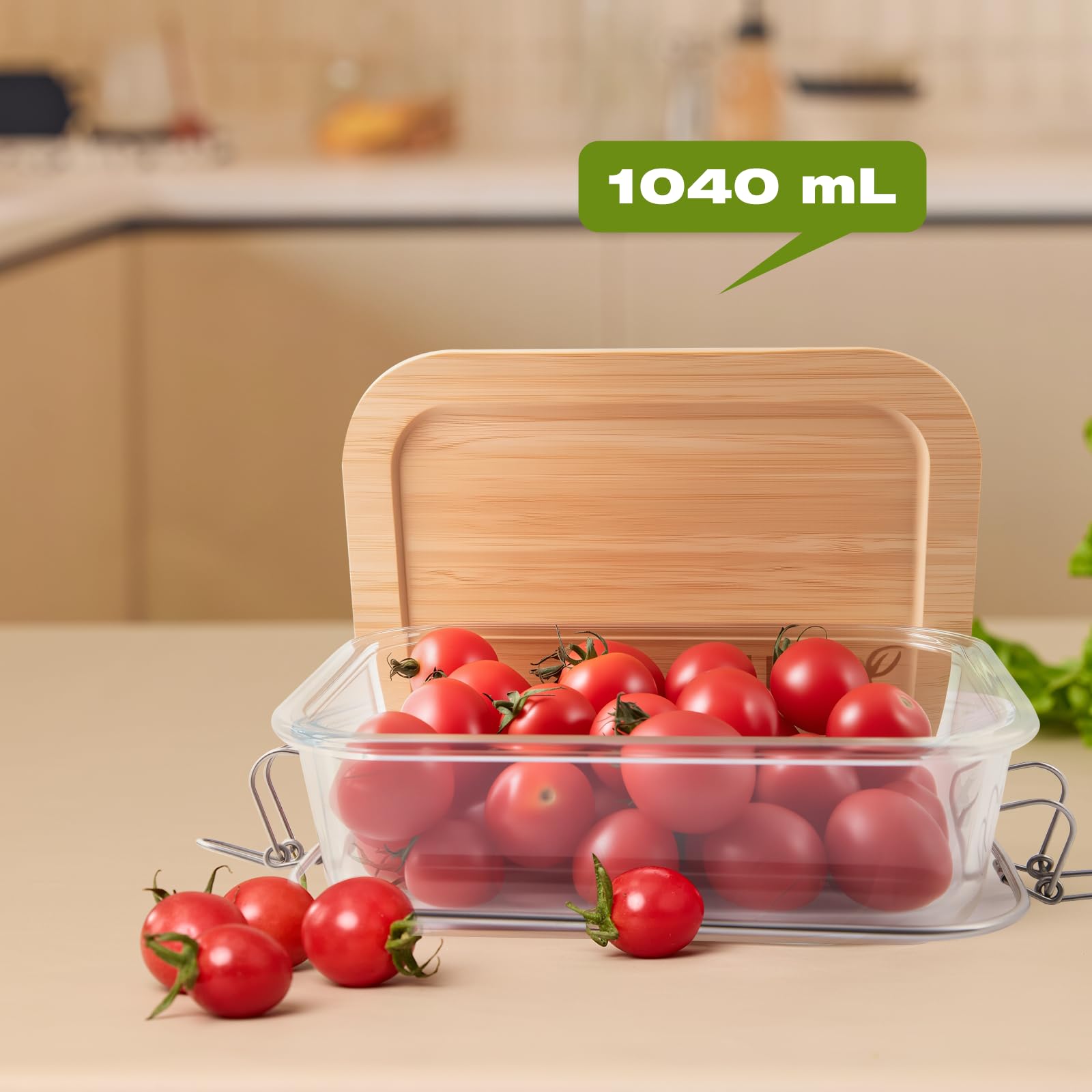 Quadratische Lebensmittelbehälter aus Glas mit Holzdeckel (2 oder 4 Stück) – gerillte Bambusabdeckung, stapelbar, ofenfest, plastikfrei, 1040 ml pro Box (4)